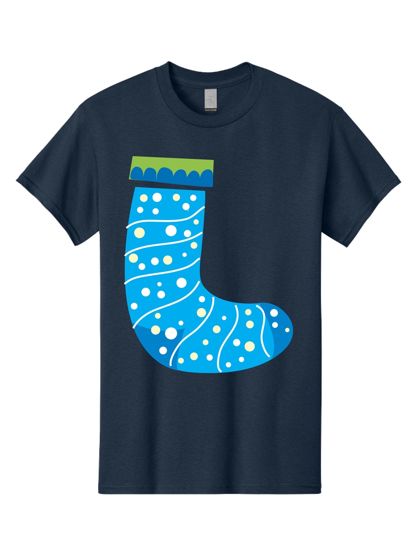 Blue-Christmas-Sock Men'S Graphic Tee, 100% Cotton, Comfortable Casual Summer Wear, Machine Washable, Christmas Stocking, Holiday Decor, Festive Season, Winter Wonderland, Cozy Atmosphere, Blue And White Colors, Polka Dot Pattern, White Swirls Aac533 11
