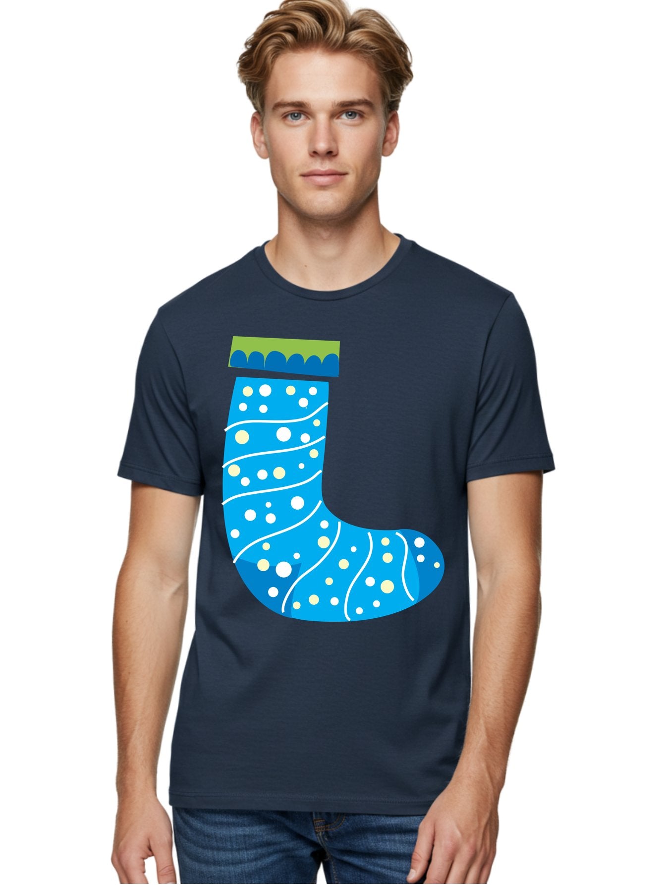 Blue-Christmas-Sock Men'S Graphic Tee, 100% Cotton, Comfortable Casual Summer Wear, Machine Washable, Christmas Stocking, Holiday Decor, Festive Season, Winter Wonderland, Cozy Atmosphere, Blue And White Colors, Polka Dot Pattern, White Swirls Aac533 27