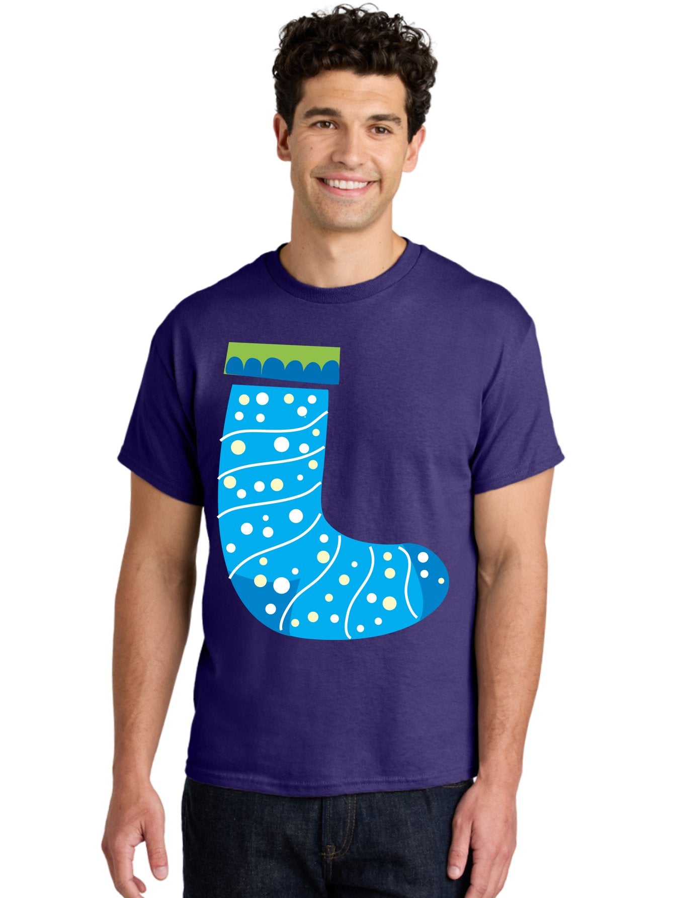 Blue-Christmas-Sock Men'S Graphic Tee, 100% Cotton, Comfortable Casual Summer Wear, Machine Washable, Christmas Stocking, Holiday Decor, Festive Season, Winter Wonderland, Cozy Atmosphere, Blue And White Colors, Polka Dot Pattern, White Swirls Aac533 20