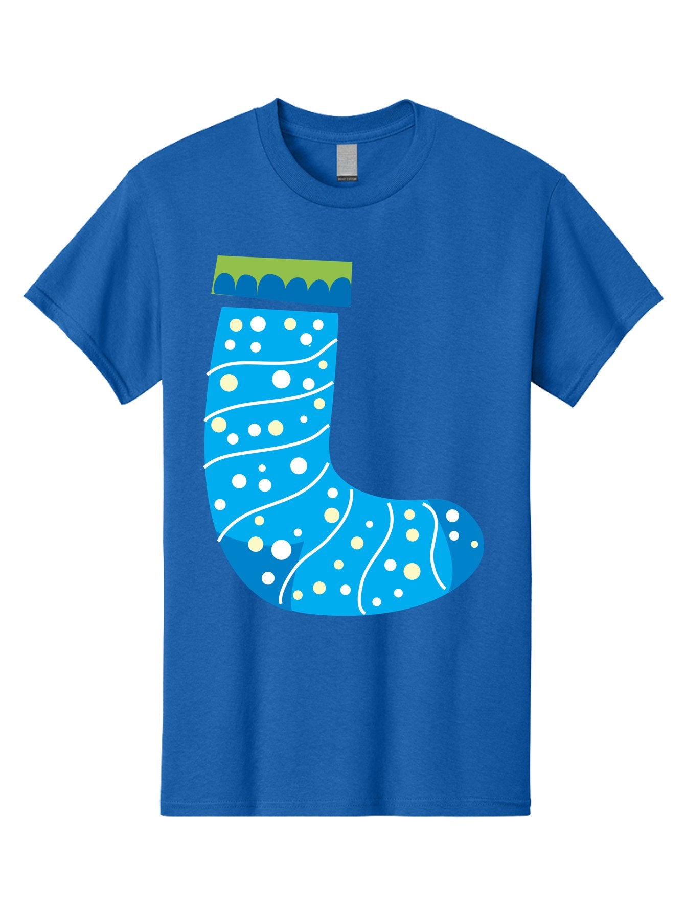 Blue-Christmas-Sock Men'S Graphic Tee, 100% Cotton, Comfortable Casual Summer Wear, Machine Washable, Christmas Stocking, Holiday Decor, Festive Season, Winter Wonderland, Cozy Atmosphere, Blue And White Colors, Polka Dot Pattern, White Swirls Aac533 7