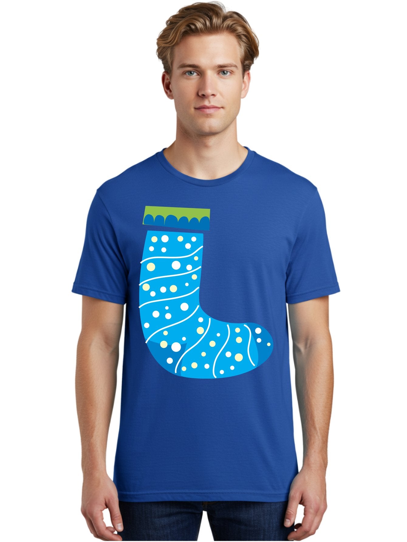 Blue-Christmas-Sock Men'S Graphic Tee, 100% Cotton, Comfortable Casual Summer Wear, Machine Washable, Christmas Stocking, Holiday Decor, Festive Season, Winter Wonderland, Cozy Atmosphere, Blue And White Colors, Polka Dot Pattern, White Swirls Aac533 16