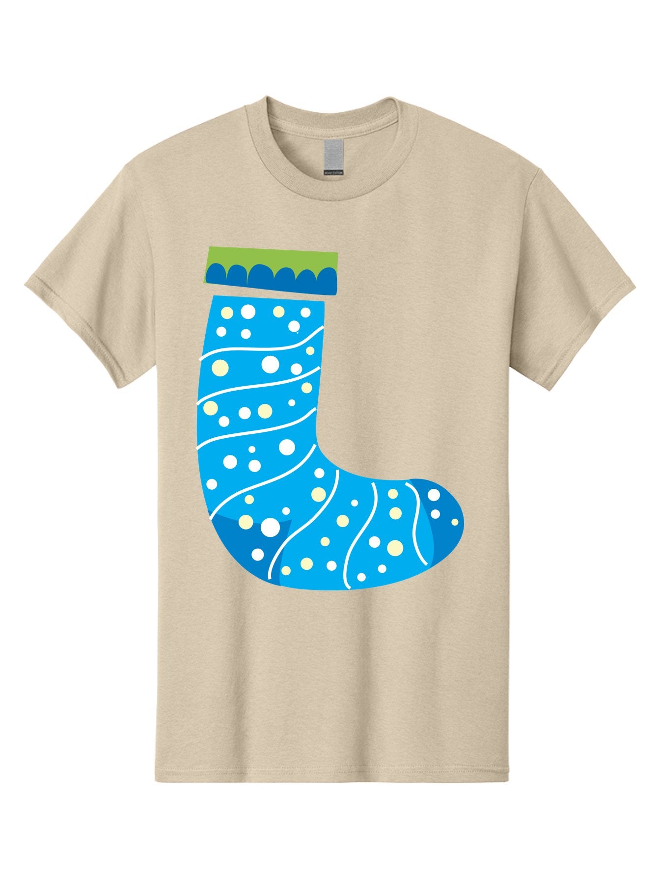 Blue-Christmas-Sock Men'S Graphic Tee, 100% Cotton, Comfortable Casual Summer Wear, Machine Washable, Christmas Stocking, Holiday Decor, Festive Season, Winter Wonderland, Cozy Atmosphere, Blue And White Colors, Polka Dot Pattern, White Swirls Aac533 5