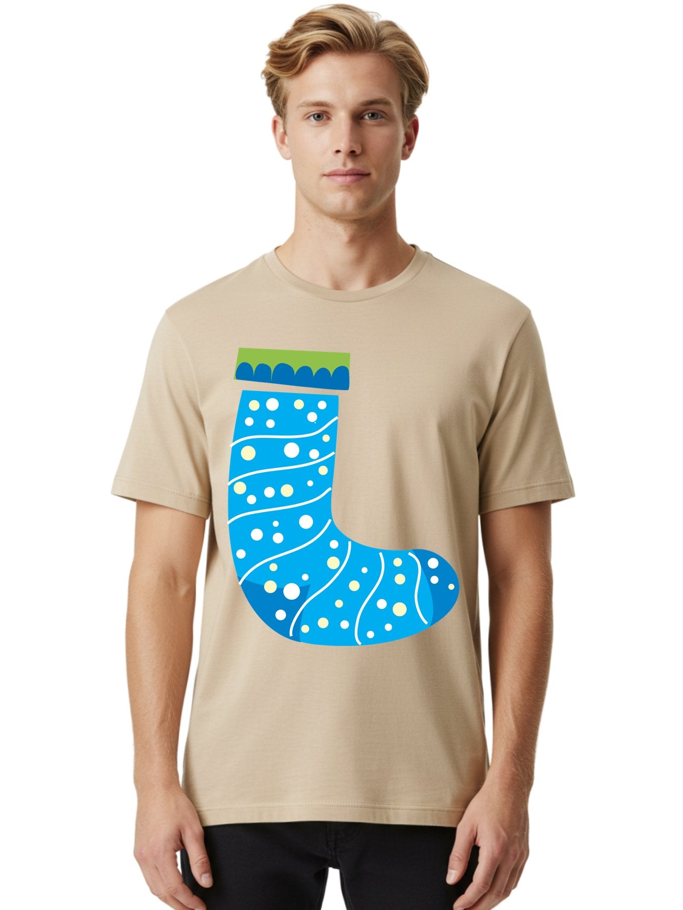 Blue-Christmas-Sock Men'S Graphic Tee, 100% Cotton, Comfortable Casual Summer Wear, Machine Washable, Christmas Stocking, Holiday Decor, Festive Season, Winter Wonderland, Cozy Atmosphere, Blue And White Colors, Polka Dot Pattern, White Swirls Aac533 23