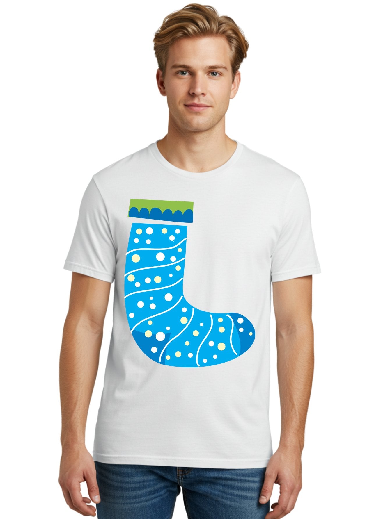 Blue-Christmas-Sock Men'S Graphic Tee, 100% Cotton, Comfortable Casual Summer Wear, Machine Washable, Christmas Stocking, Holiday Decor, Festive Season, Winter Wonderland, Cozy Atmosphere, Blue And White Colors, Polka Dot Pattern, White Swirls Aac533 21