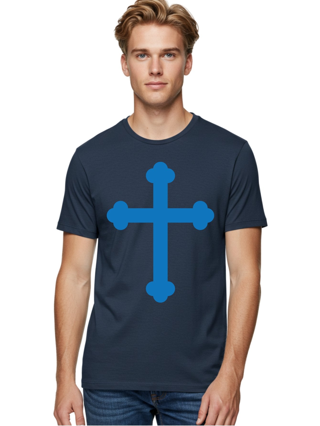 Blue-Cross Men'S Graphic Tee, 100% Cotton, Comfortable Casual Summer Wear, Machine Washable, Blue Cross, Heraldic Symbol, Christian Cross, Potent Cross, Symbolic Imagery, Faith Representation, Graphic Design Element, Symbolic Graphic Aac534 17