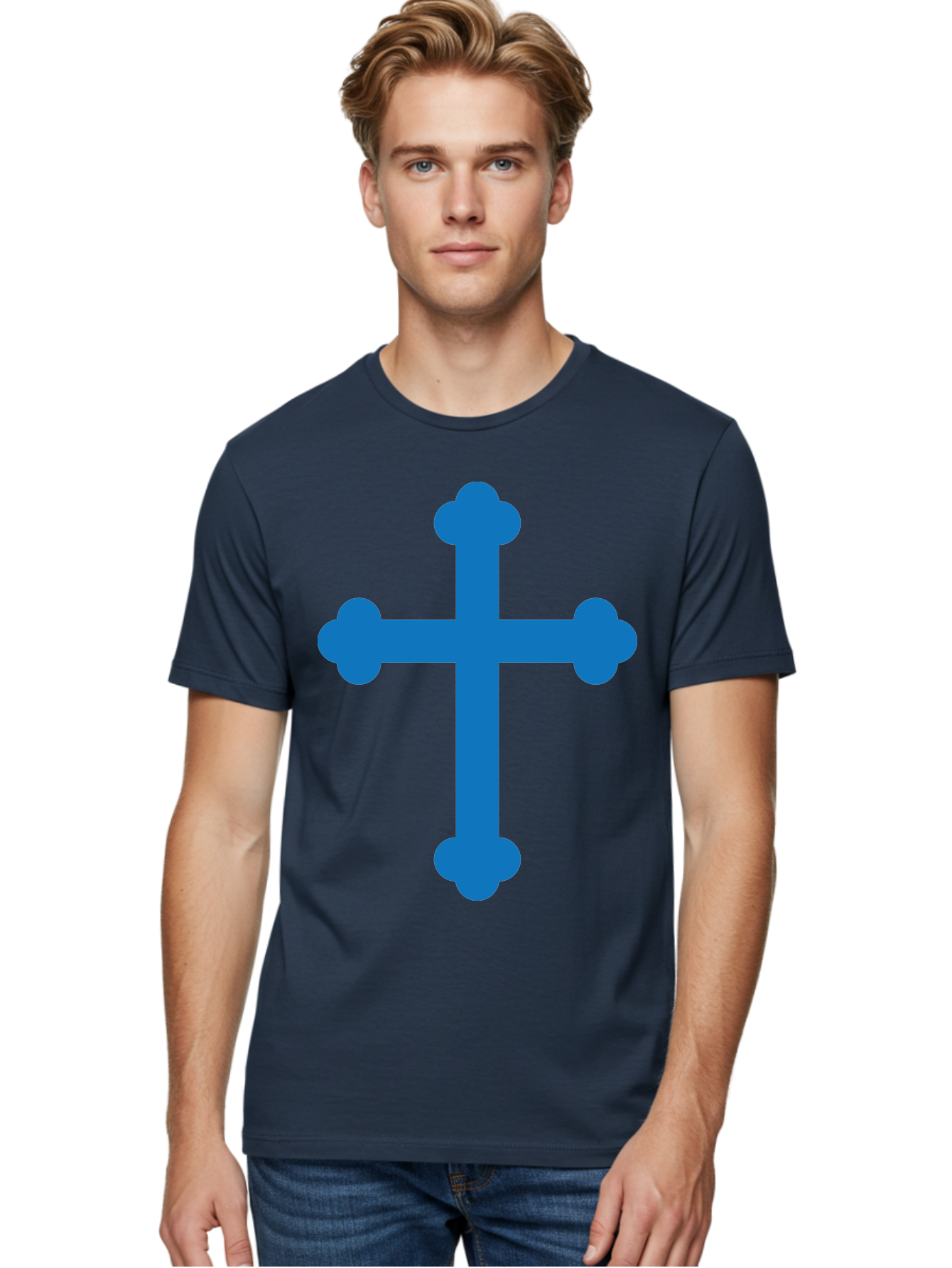 Blue-Cross Men'S Graphic Tee, 100% Cotton, Comfortable Casual Summer Wear, Machine Washable, Blue Cross, Heraldic Symbol, Christian Cross, Potent Cross, Symbolic Imagery, Faith Representation, Graphic Design Element, Symbolic Graphic Aac534 28