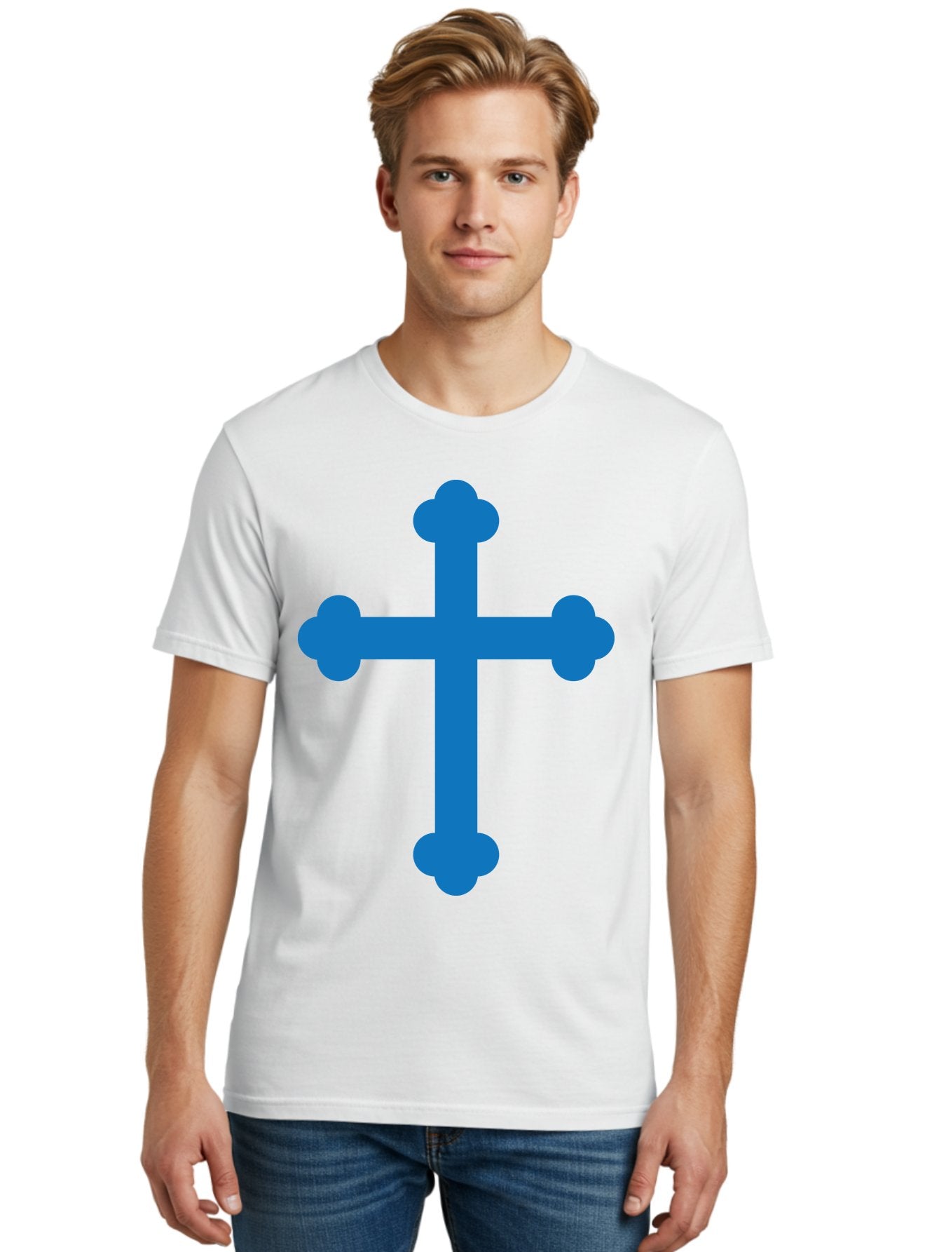 Blue-Cross Men'S Graphic Tee, 100% Cotton, Comfortable Casual Summer Wear, Machine Washable, Blue Cross, Heraldic Symbol, Christian Cross, Potent Cross, Symbolic Imagery, Faith Representation, Graphic Design Element, Symbolic Graphic Aac534 19