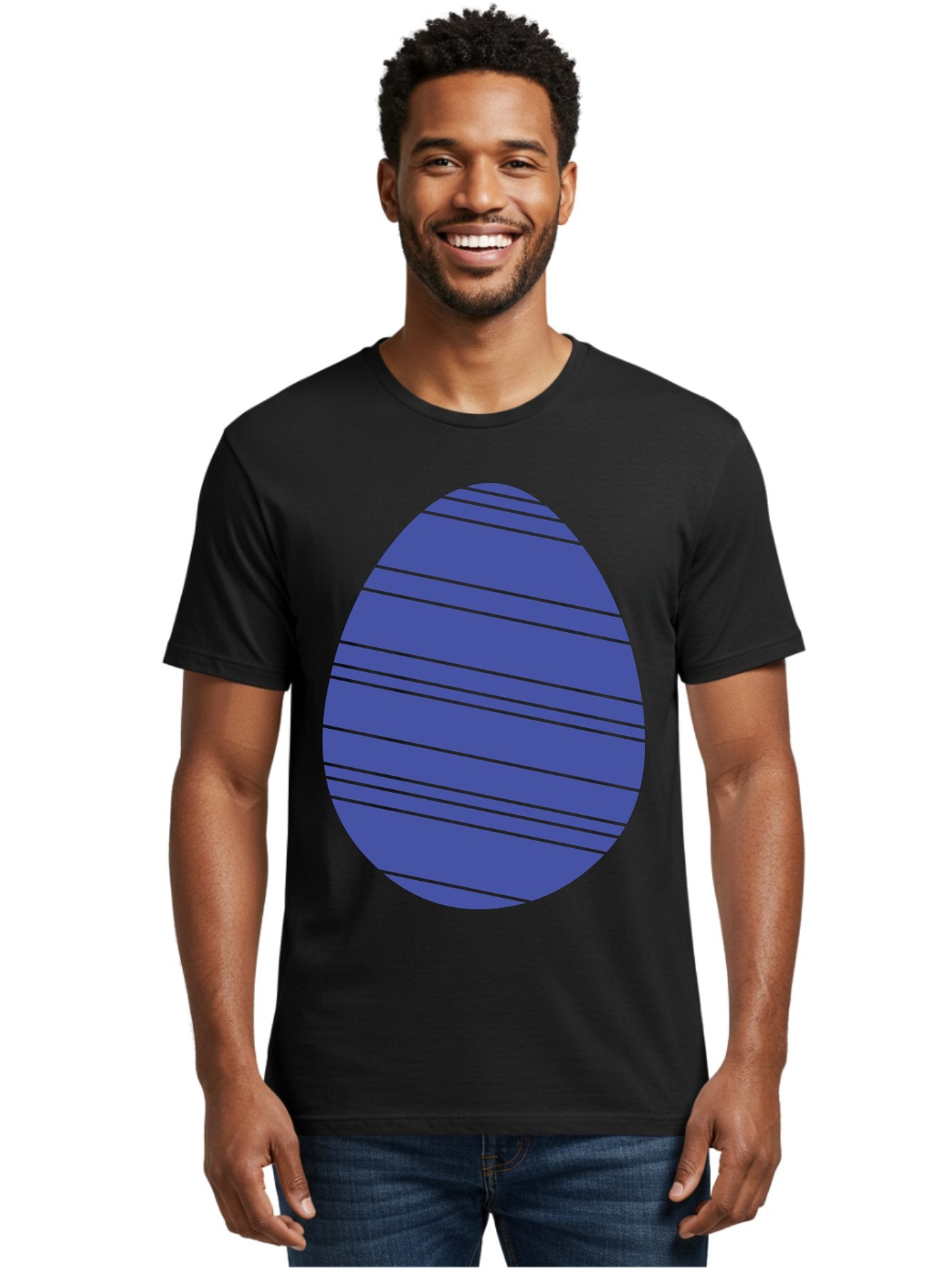 Blue-Easter-Egg Men'S Graphic Tee, 100% Cotton, Comfortable Casual Summer Wear, Machine Washable, Blue Oval Shape, Diagonal Stripes, Striped Pattern, Graphic Design, Abstract Art, Vibrant Colors, Modern Illustration Aac535 25