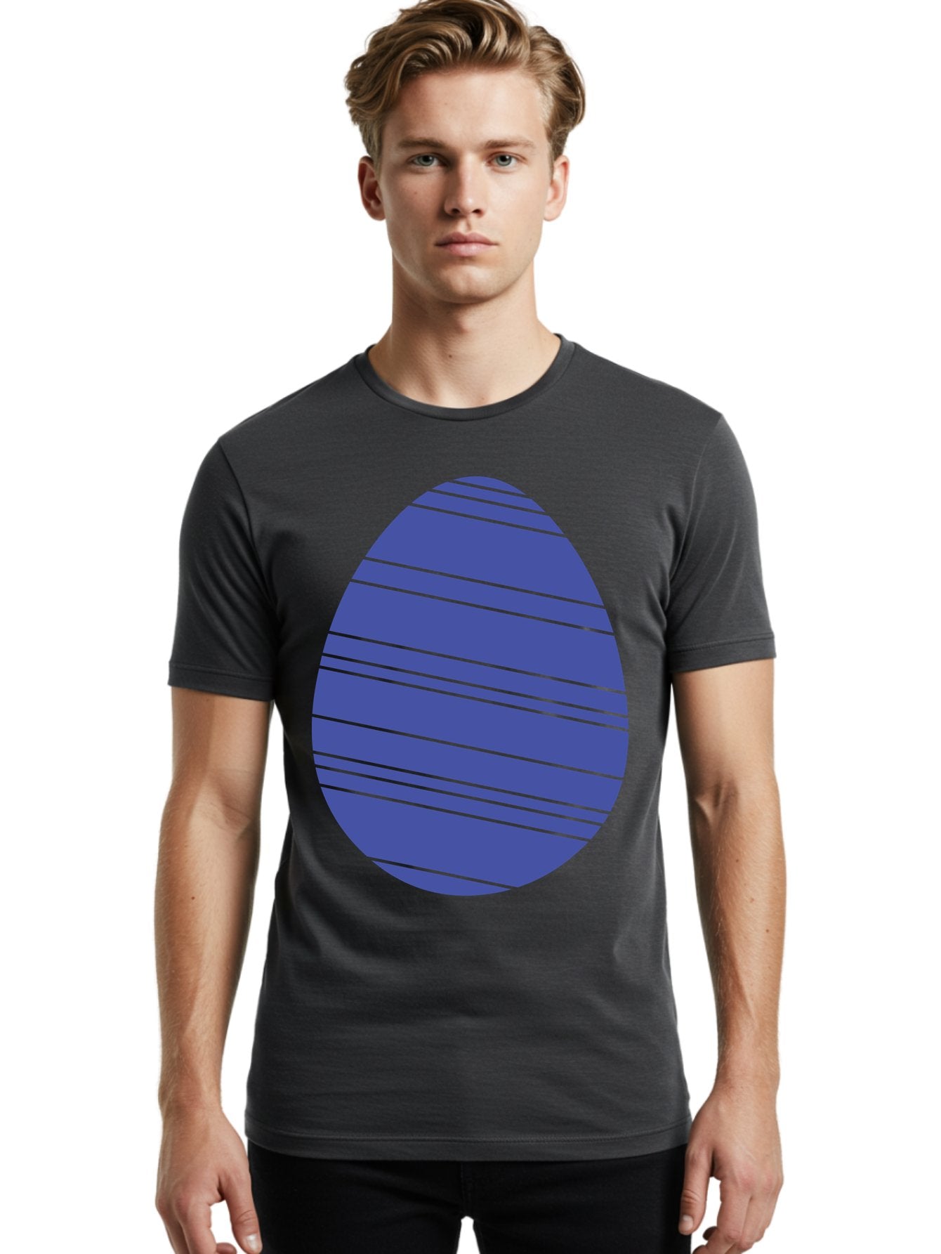 Blue-Easter-Egg Men'S Graphic Tee, 100% Cotton, Comfortable Casual Summer Wear, Machine Washable, Blue Oval Shape, Diagonal Stripes, Striped Pattern, Graphic Design, Abstract Art, Vibrant Colors, Modern Illustration Aac535 23