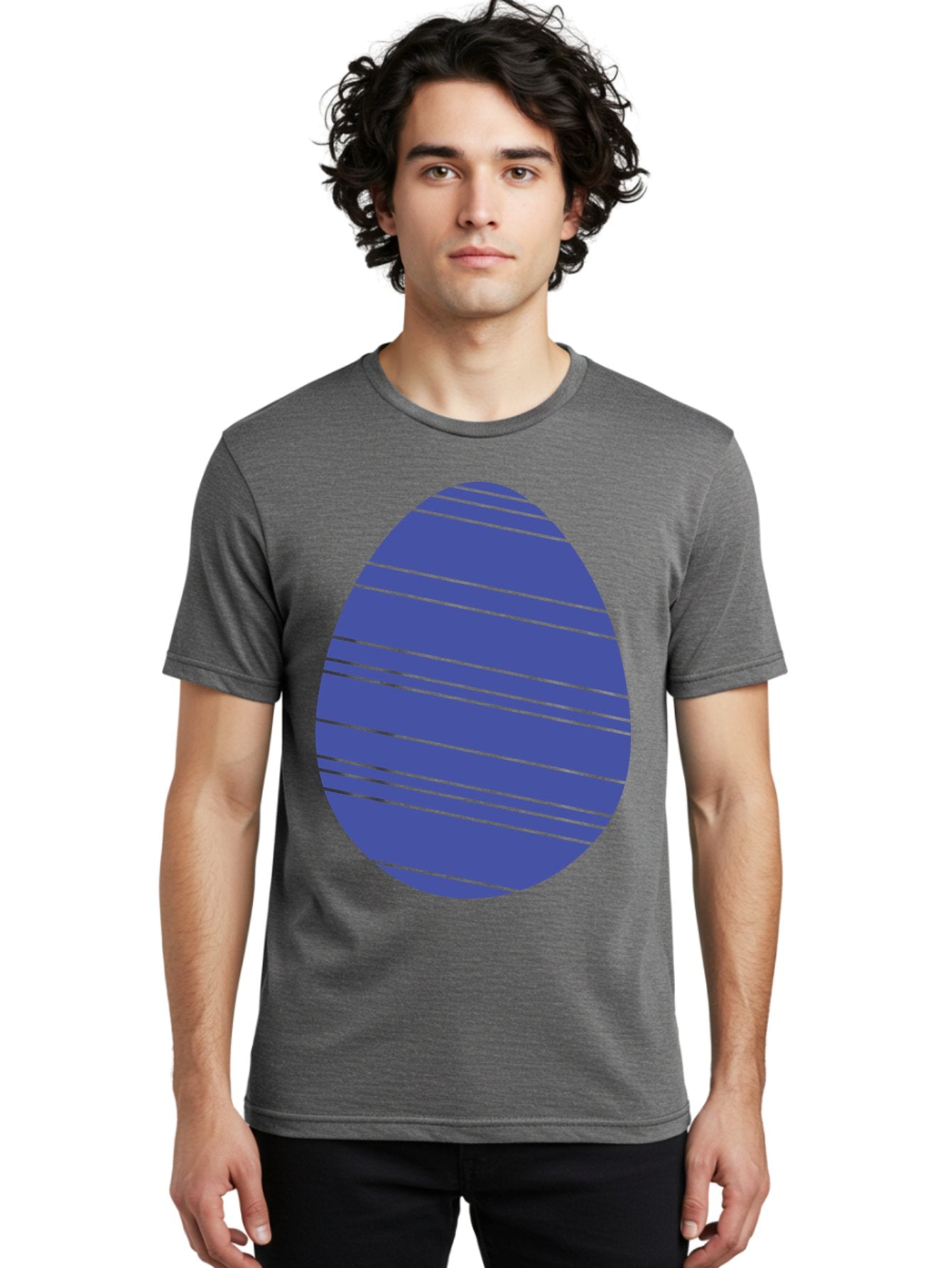Blue-Easter-Egg Men'S Graphic Tee, 100% Cotton, Comfortable Casual Summer Wear, Machine Washable, Blue Oval Shape, Diagonal Stripes, Striped Pattern, Graphic Design, Abstract Art, Vibrant Colors, Modern Illustration Aac535 24