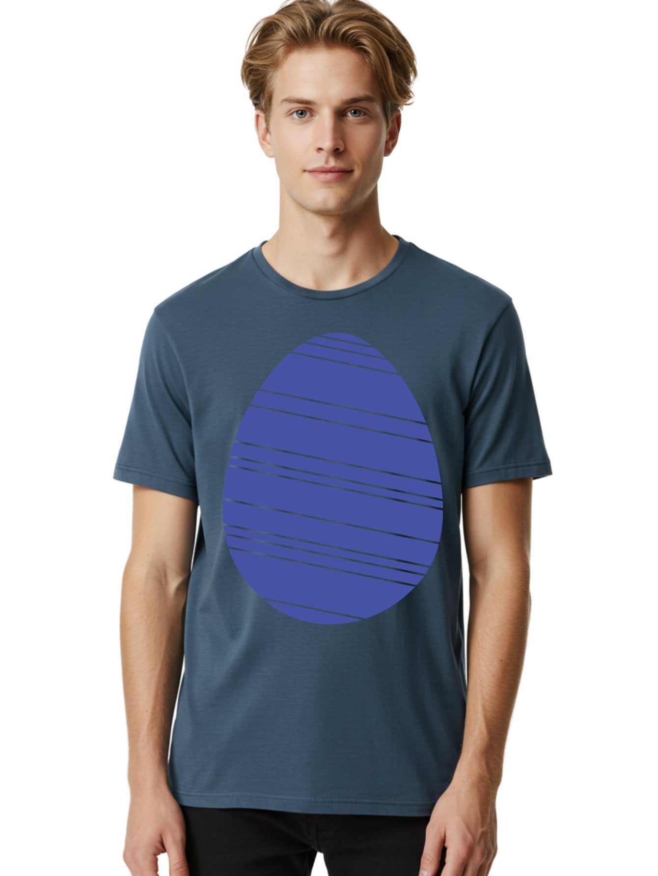 Blue-Easter-Egg Men'S Graphic Tee, 100% Cotton, Comfortable Casual Summer Wear, Machine Washable, Blue Oval Shape, Diagonal Stripes, Striped Pattern, Graphic Design, Abstract Art, Vibrant Colors, Modern Illustration Aac535 16