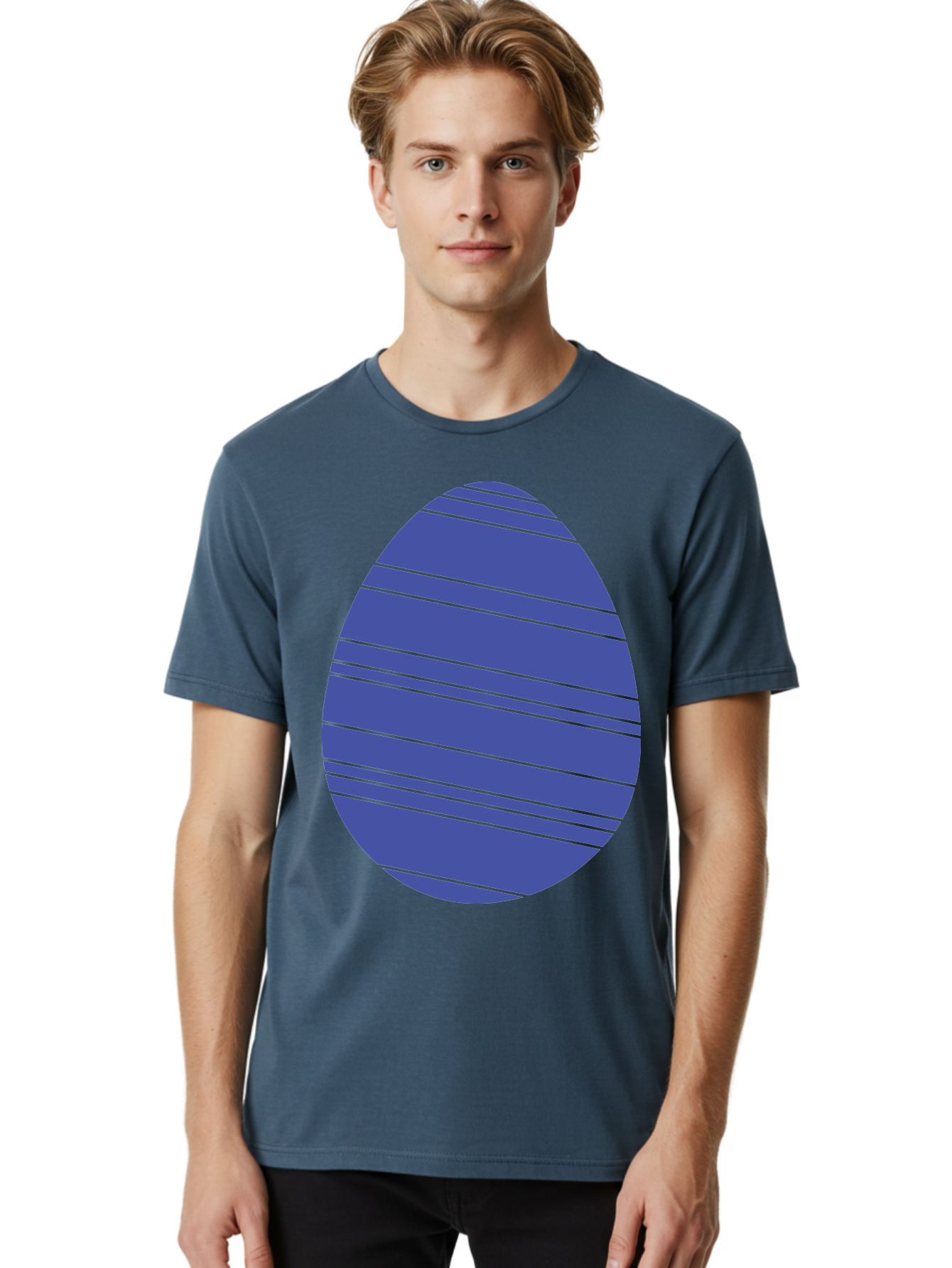 Blue-Easter-Egg Men'S Graphic Tee, 100% Cotton, Comfortable Casual Summer Wear, Machine Washable, Blue Oval Shape, Diagonal Stripes, Striped Pattern, Graphic Design, Abstract Art, Vibrant Colors, Modern Illustration Aac535 26