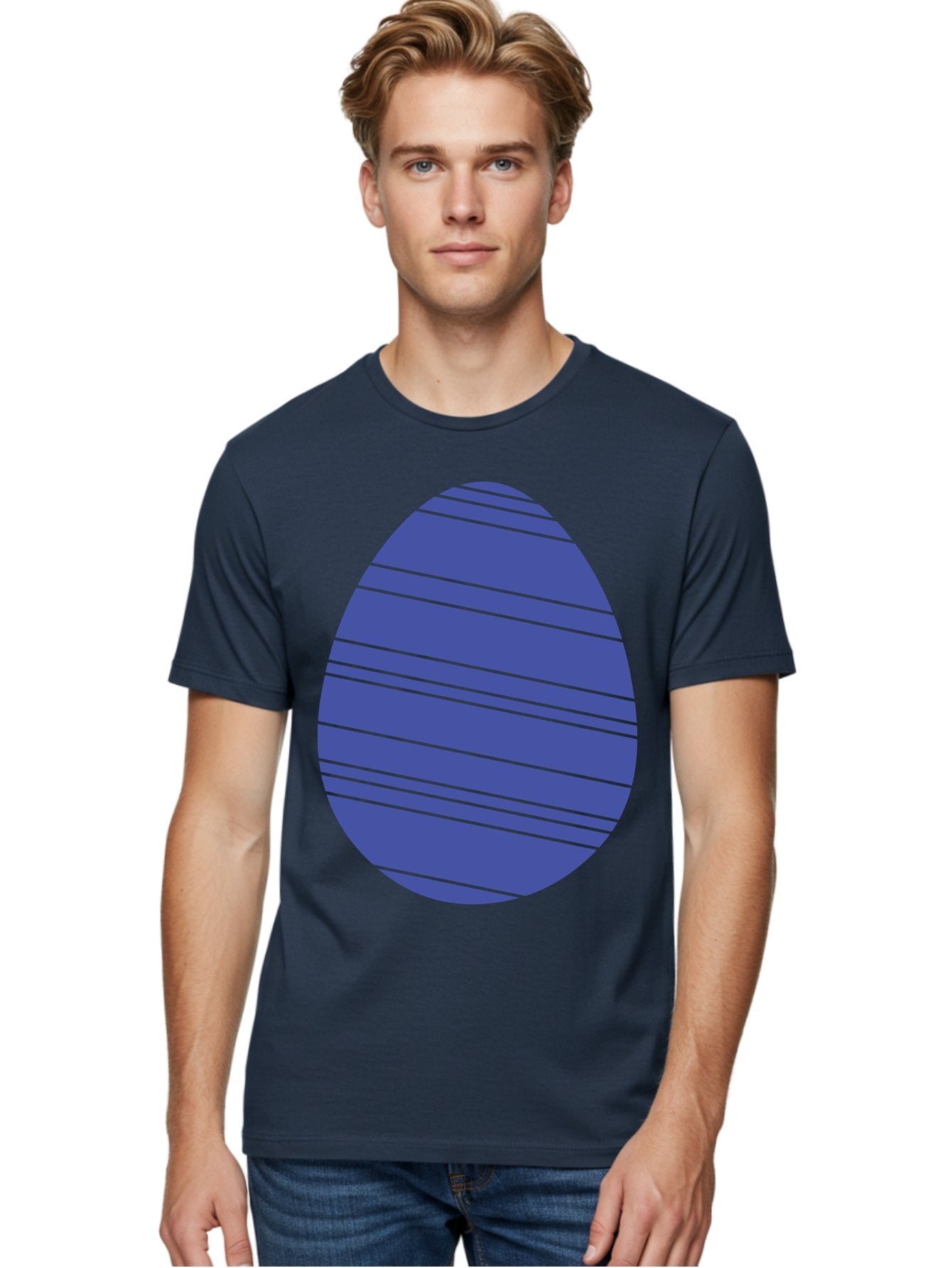 Blue-Easter-Egg Men'S Graphic Tee, 100% Cotton, Comfortable Casual Summer Wear, Machine Washable, Blue Oval Shape, Diagonal Stripes, Striped Pattern, Graphic Design, Abstract Art, Vibrant Colors, Modern Illustration Aac535 28