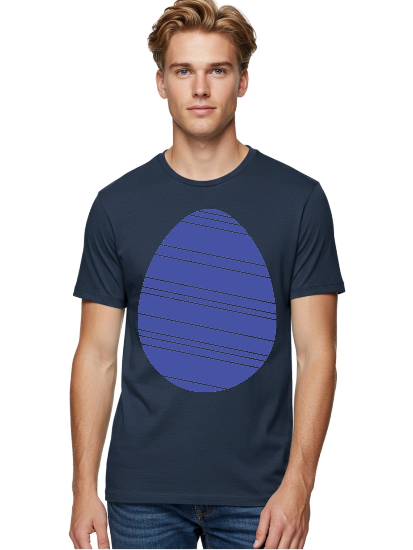 Blue-Easter-Egg Men'S Graphic Tee, 100% Cotton, Comfortable Casual Summer Wear, Machine Washable, Blue Oval Shape, Diagonal Stripes, Striped Pattern, Graphic Design, Abstract Art, Vibrant Colors, Modern Illustration Aac535 6