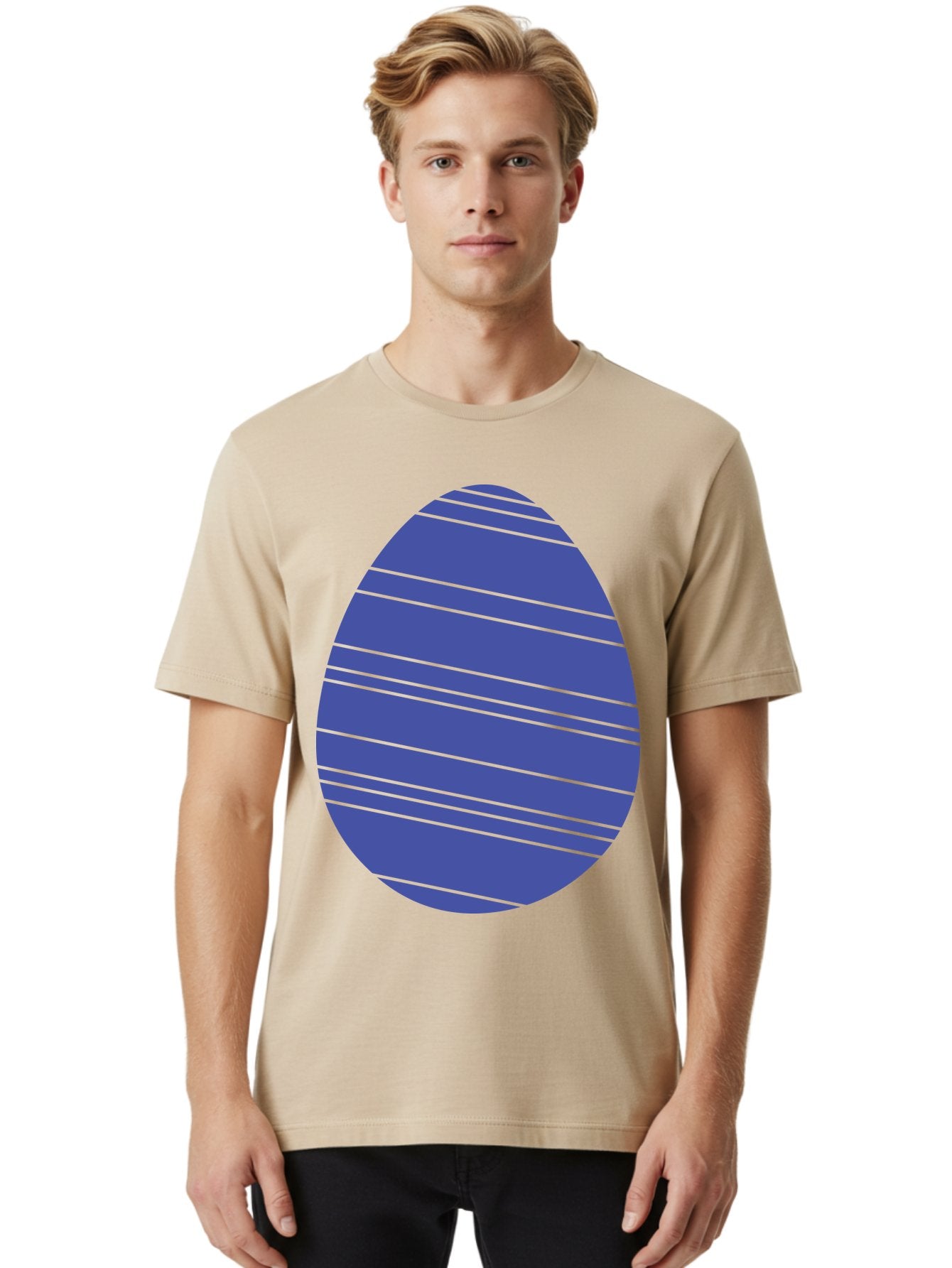 Blue-Easter-Egg Men'S Graphic Tee, 100% Cotton, Comfortable Casual Summer Wear, Machine Washable, Blue Oval Shape, Diagonal Stripes, Striped Pattern, Graphic Design, Abstract Art, Vibrant Colors, Modern Illustration Aac535 26
