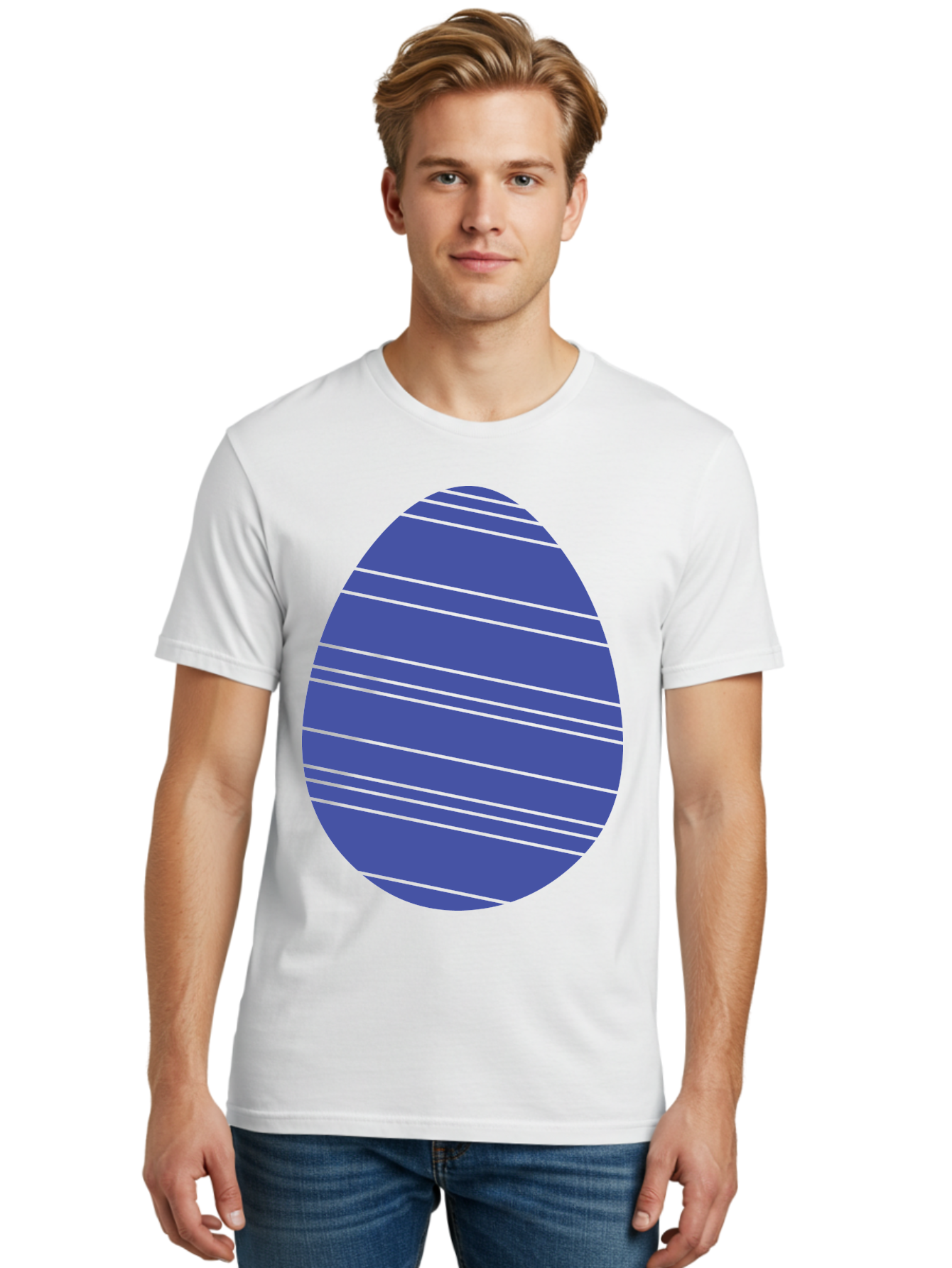 Blue-Easter-Egg Men'S Graphic Tee, 100% Cotton, Comfortable Casual Summer Wear, Machine Washable, Blue Oval Shape, Diagonal Stripes, Striped Pattern, Graphic Design, Abstract Art, Vibrant Colors, Modern Illustration Aac535 30