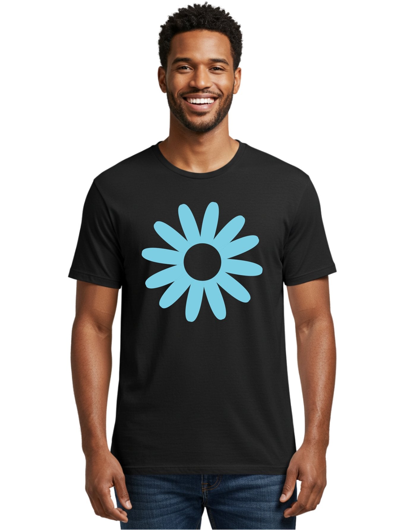 Blue-Flower Men'S Graphic Tee, 100% Cotton, Comfortable Casual Summer Wear, Machine Washable, Blue Flower, Simple Design, Minimalist Art, Floral Pattern, Light Blue Petals, Abstract Flower, Modern Graphics Aac536 28
