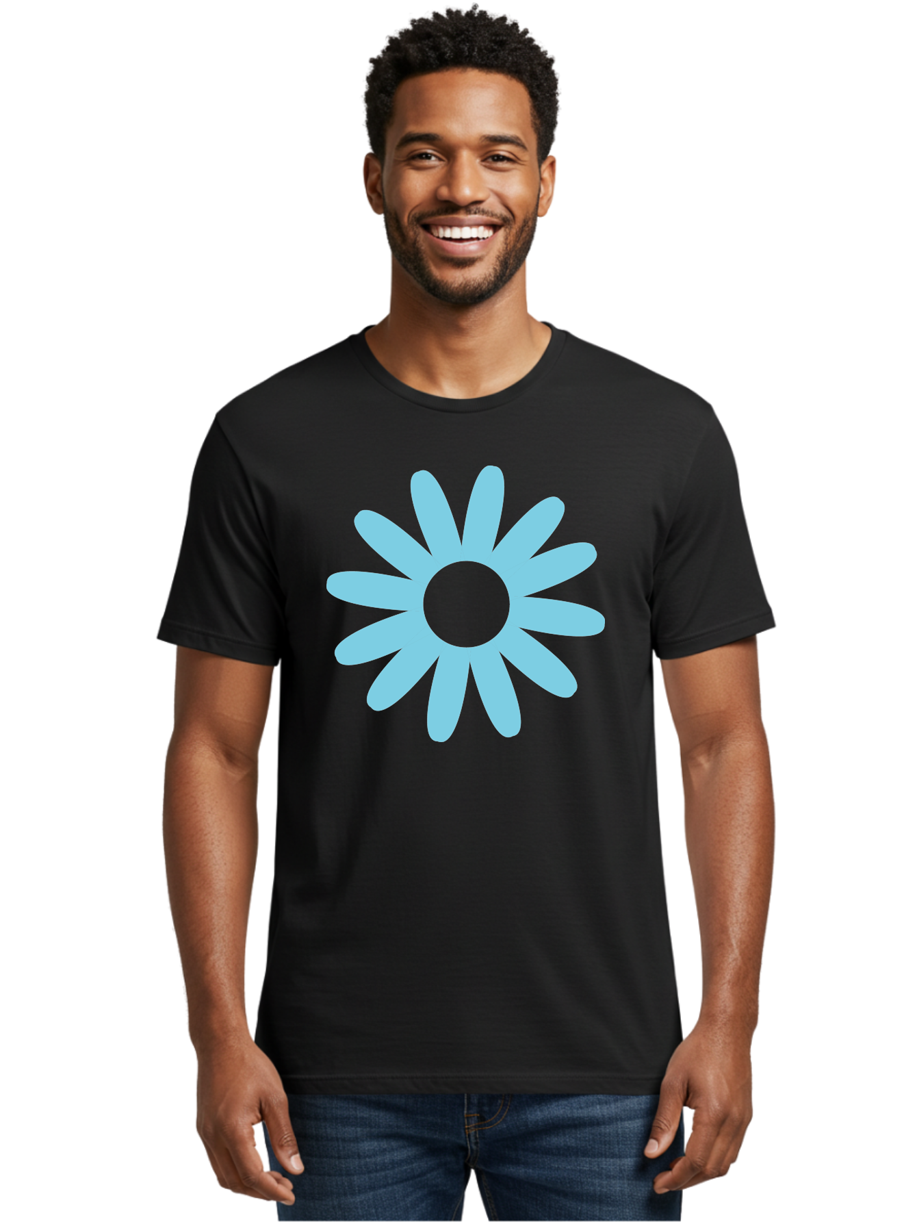 Blue-Flower Men'S Graphic Tee, 100% Cotton, Comfortable Casual Summer Wear, Machine Washable, Blue Flower, Simple Design, Minimalist Art, Floral Pattern, Light Blue Petals, Abstract Flower, Modern Graphics Aac536 6