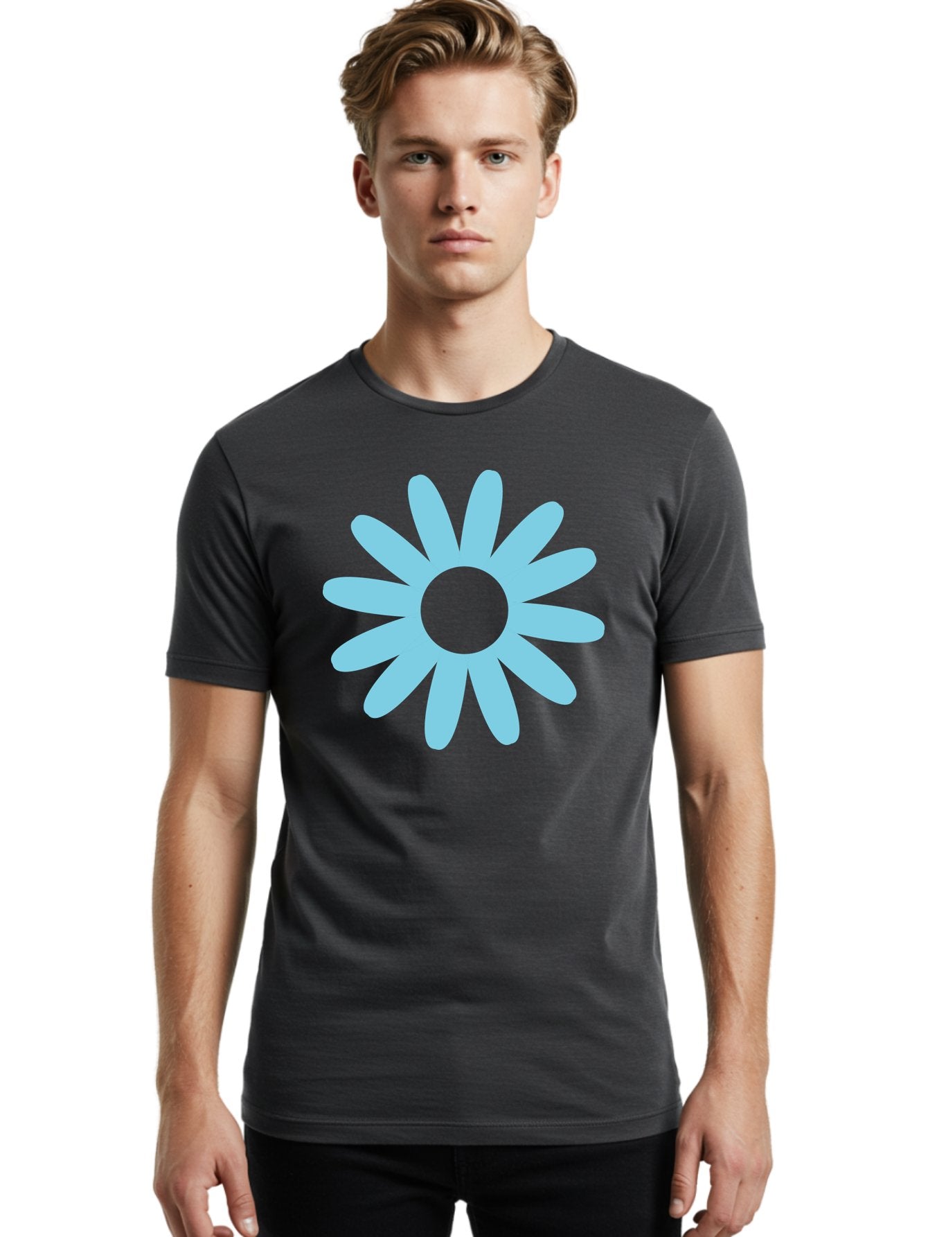 Blue-Flower Men'S Graphic Tee, 100% Cotton, Comfortable Casual Summer Wear, Machine Washable, Blue Flower, Simple Design, Minimalist Art, Floral Pattern, Light Blue Petals, Abstract Flower, Modern Graphics Aac536 17