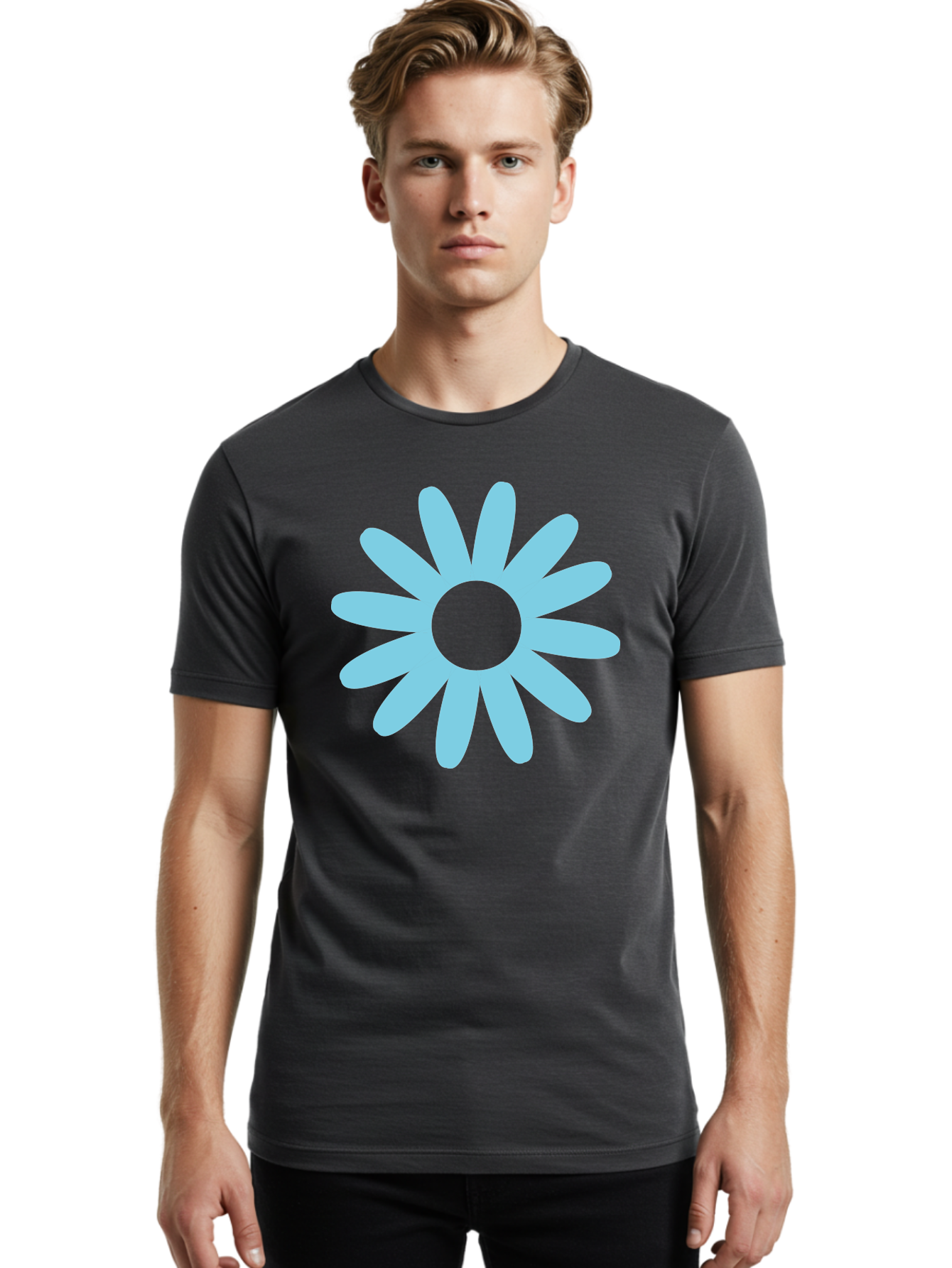 Blue-Flower Men'S Graphic Tee, 100% Cotton, Comfortable Casual Summer Wear, Machine Washable, Blue Flower, Simple Design, Minimalist Art, Floral Pattern, Light Blue Petals, Abstract Flower, Modern Graphics Aac536 28