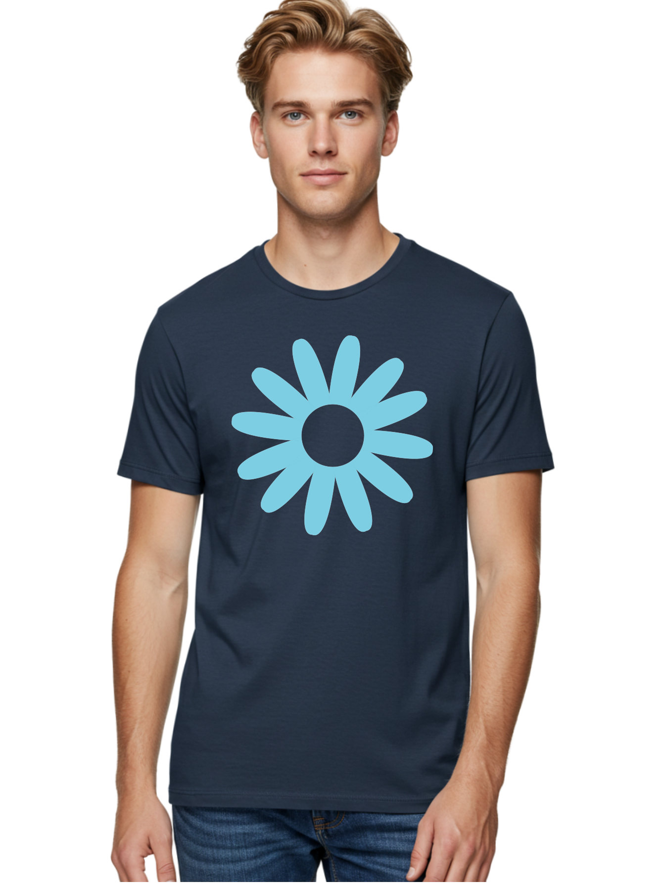 Blue-Flower Men'S Graphic Tee, 100% Cotton, Comfortable Casual Summer Wear, Machine Washable, Blue Flower, Simple Design, Minimalist Art, Floral Pattern, Light Blue Petals, Abstract Flower, Modern Graphics Aac536