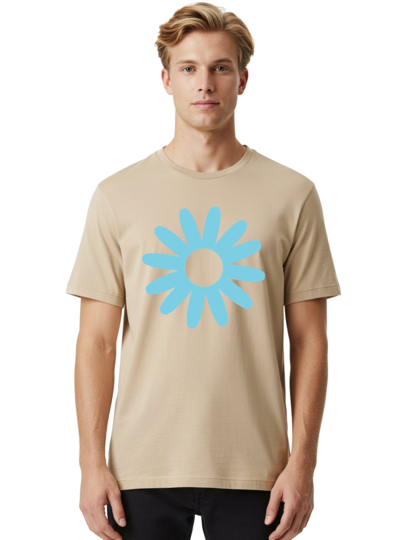 Blue-Flower Men'S Graphic Tee, 100% Cotton, Comfortable Casual Summer Wear, Machine Washable, Blue Flower, Simple Design, Minimalist Art, Floral Pattern, Light Blue Petals, Abstract Flower, Modern Graphics Aac536 21