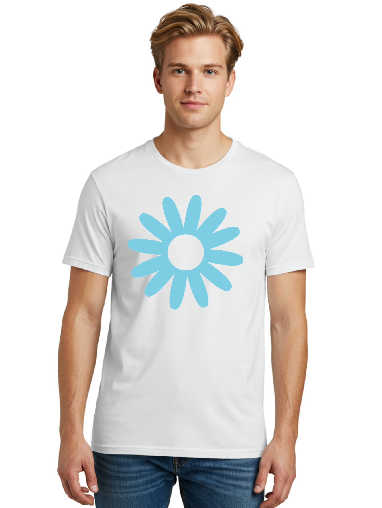 Blue-Flower Men'S Graphic Tee, 100% Cotton, Comfortable Casual Summer Wear, Machine Washable, Blue Flower, Simple Design, Minimalist Art, Floral Pattern, Light Blue Petals, Abstract Flower, Modern Graphics Aac536 18