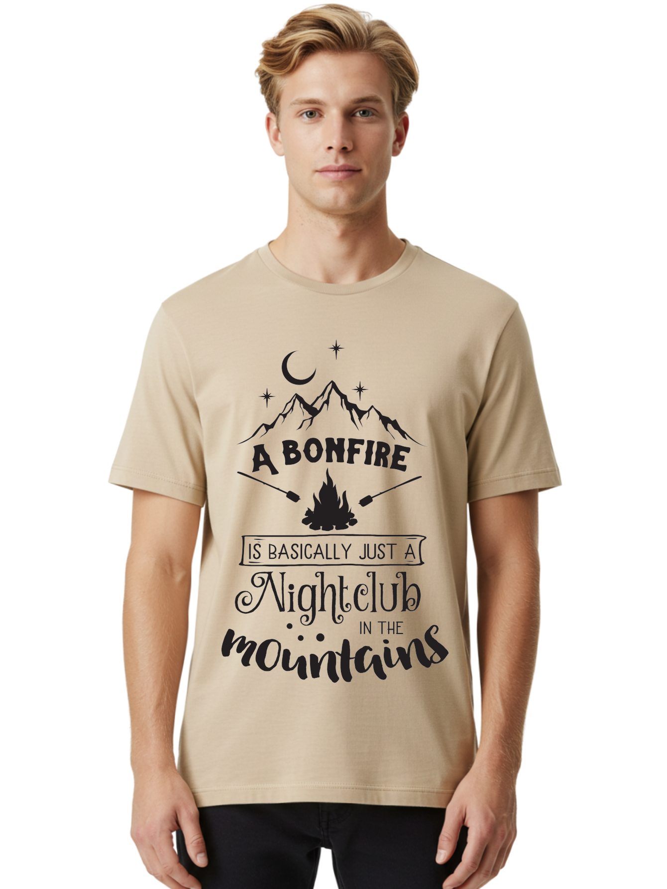 Bonfire-Nightclub Men'S Graphic Tee, 100% Cotton, Comfortable Casual Summer Wear, Machine Washable, Bonfire In The Mountains, Nightclub Atmosphere, Camping Vibes, Outdoor Adventures, Wilderness Getaway, Moonlit Nights, Starry Skies, Aac537 6