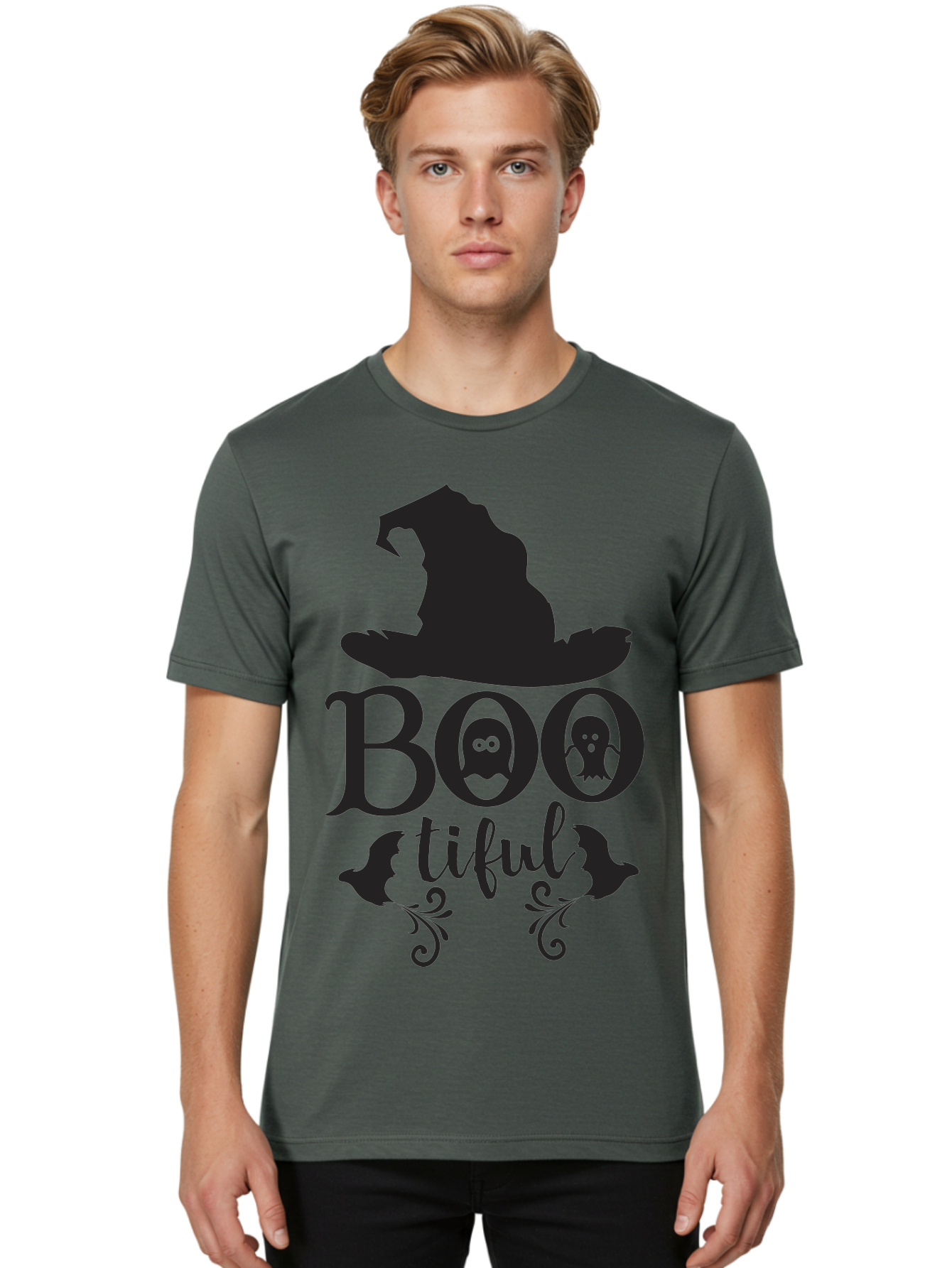 Boo-Tiful Men'S Graphic Tee, 100% Cotton, Comfortable Casual Summer Wear, Machine Washable, Halloween Design, Witch Hat, Ghostly Figures, Boo Tiful, Spooky Decor, Halloween Theme, Gothic Style, Mystical Vibes, Halloween Graphics Aac538 10