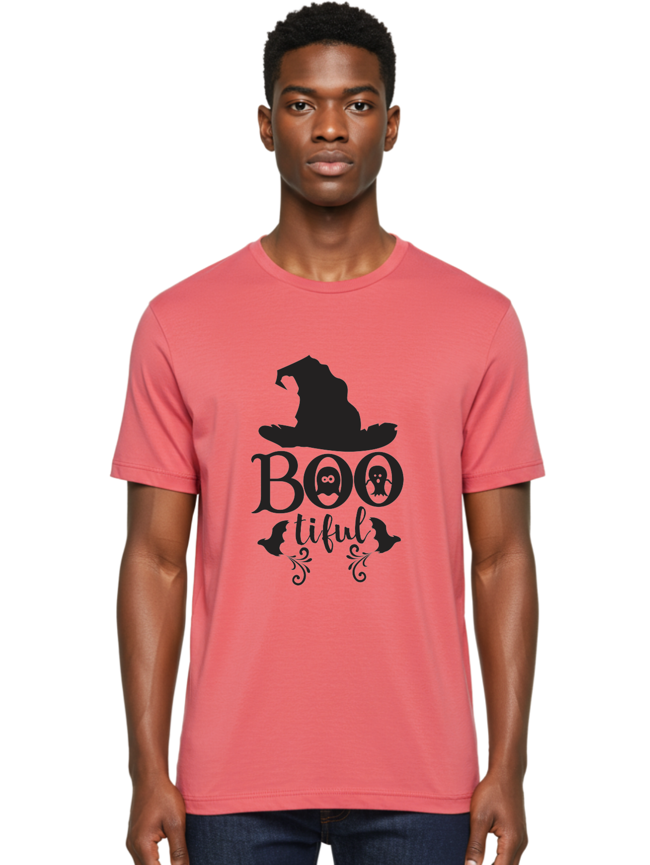 Boo-Tiful Men'S Graphic Tee, 100% Cotton, Comfortable Casual Summer Wear, Machine Washable, Halloween Design, Witch Hat, Ghostly Figures, Boo Tiful, Spooky Decor, Halloween Theme, Gothic Style, Mystical Vibes, Halloween Graphics Aac538 12