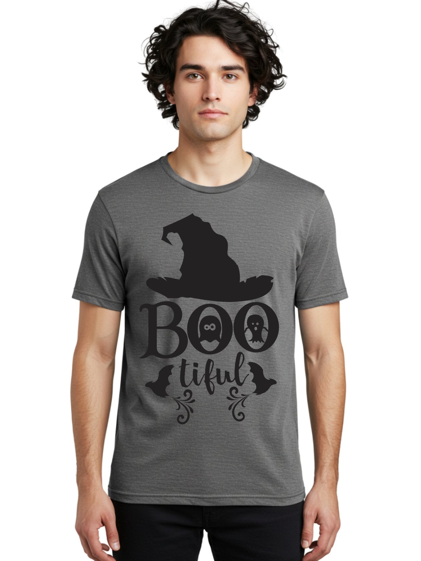 Boo-Tiful Men'S Graphic Tee, 100% Cotton, Comfortable Casual Summer Wear, Machine Washable, Halloween Design, Witch Hat, Ghostly Figures, Boo Tiful, Spooky Decor, Halloween Theme, Gothic Style, Mystical Vibes, Halloween Graphics Aac538 27