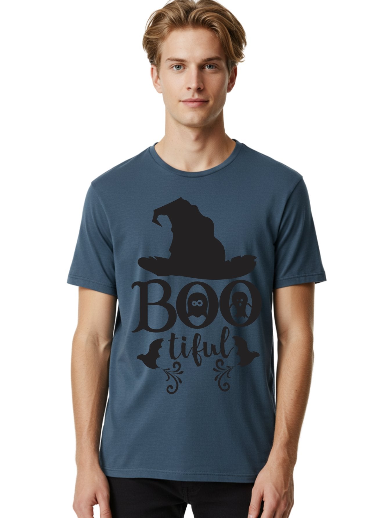 Boo-Tiful Men'S Graphic Tee, 100% Cotton, Comfortable Casual Summer Wear, Machine Washable, Halloween Design, Witch Hat, Ghostly Figures, Boo Tiful, Spooky Decor, Halloween Theme, Gothic Style, Mystical Vibes, Halloween Graphics Aac538 28