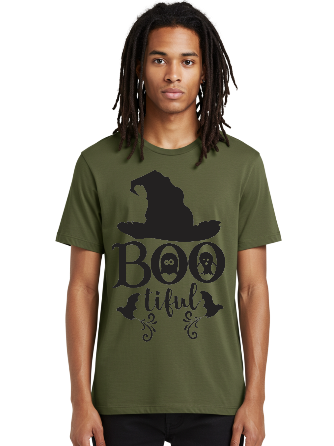Boo-Tiful Men'S Graphic Tee, 100% Cotton, Comfortable Casual Summer Wear, Machine Washable, Halloween Design, Witch Hat, Ghostly Figures, Boo Tiful, Spooky Decor, Halloween Theme, Gothic Style, Mystical Vibes, Halloween Graphics Aac538 22