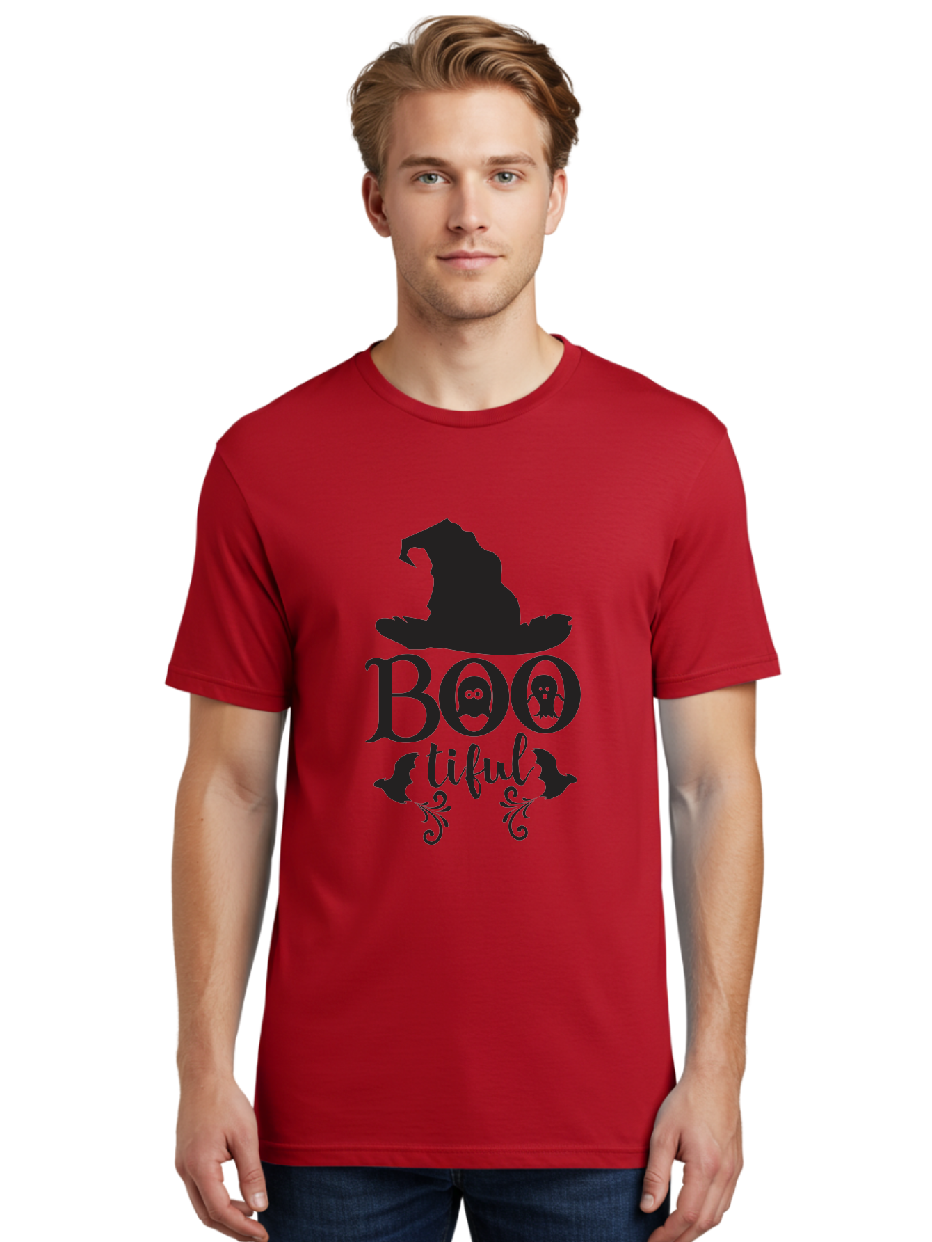 Boo-Tiful Men'S Graphic Tee, 100% Cotton, Comfortable Casual Summer Wear, Machine Washable, Halloween Design, Witch Hat, Ghostly Figures, Boo Tiful, Spooky Decor, Halloween Theme, Gothic Style, Mystical Vibes, Halloween Graphics Aac538