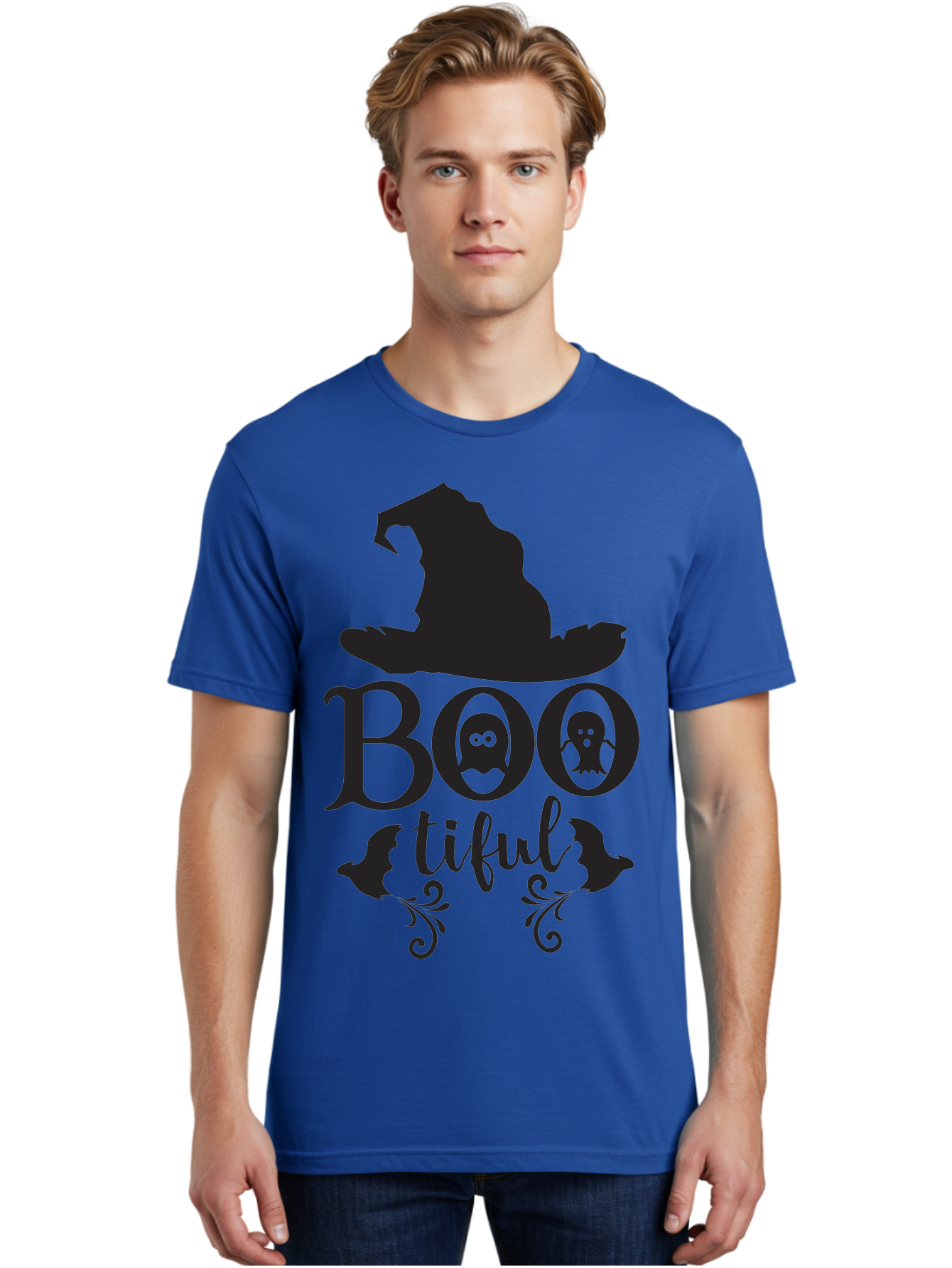 Boo-Tiful Men'S Graphic Tee, 100% Cotton, Comfortable Casual Summer Wear, Machine Washable, Halloween Design, Witch Hat, Ghostly Figures, Boo Tiful, Spooky Decor, Halloween Theme, Gothic Style, Mystical Vibes, Halloween Graphics Aac538 28