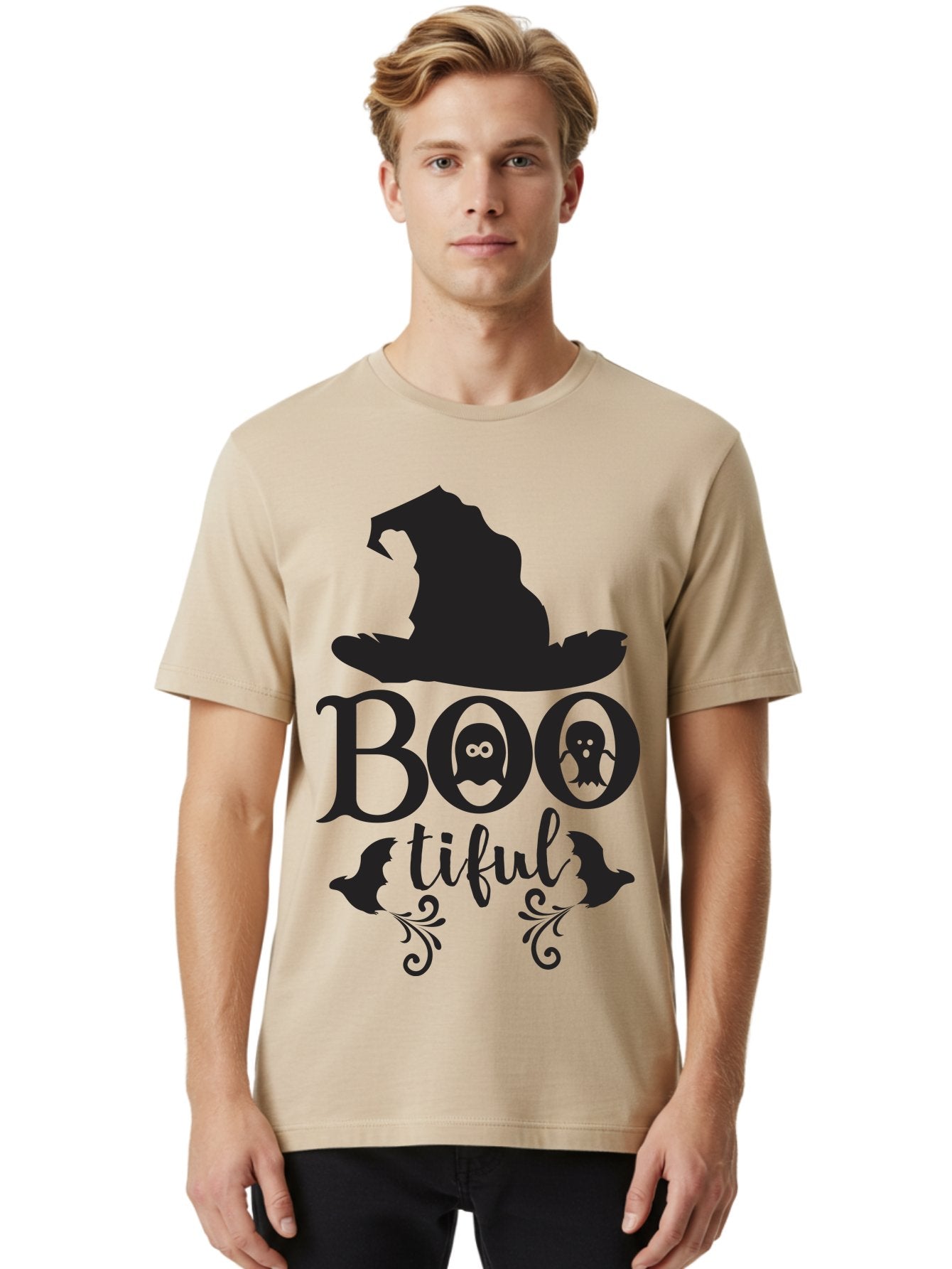Boo-Tiful Men'S Graphic Tee, 100% Cotton, Comfortable Casual Summer Wear, Machine Washable, Halloween Design, Witch Hat, Ghostly Figures, Boo Tiful, Spooky Decor, Halloween Theme, Gothic Style, Mystical Vibes, Halloween Graphics Aac538 29
