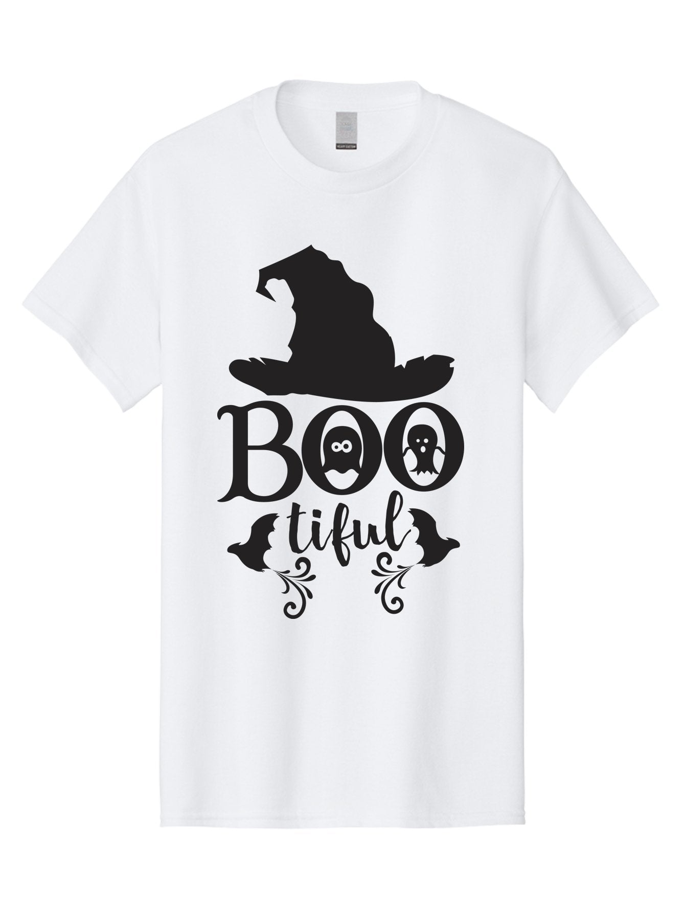 Boo-Tiful Men'S Graphic Tee, 100% Cotton, Comfortable Casual Summer Wear, Machine Washable, Halloween Design, Witch Hat, Ghostly Figures, Boo Tiful, Spooky Decor, Halloween Theme, Gothic Style, Mystical Vibes, Halloween Graphics Aac538 5
