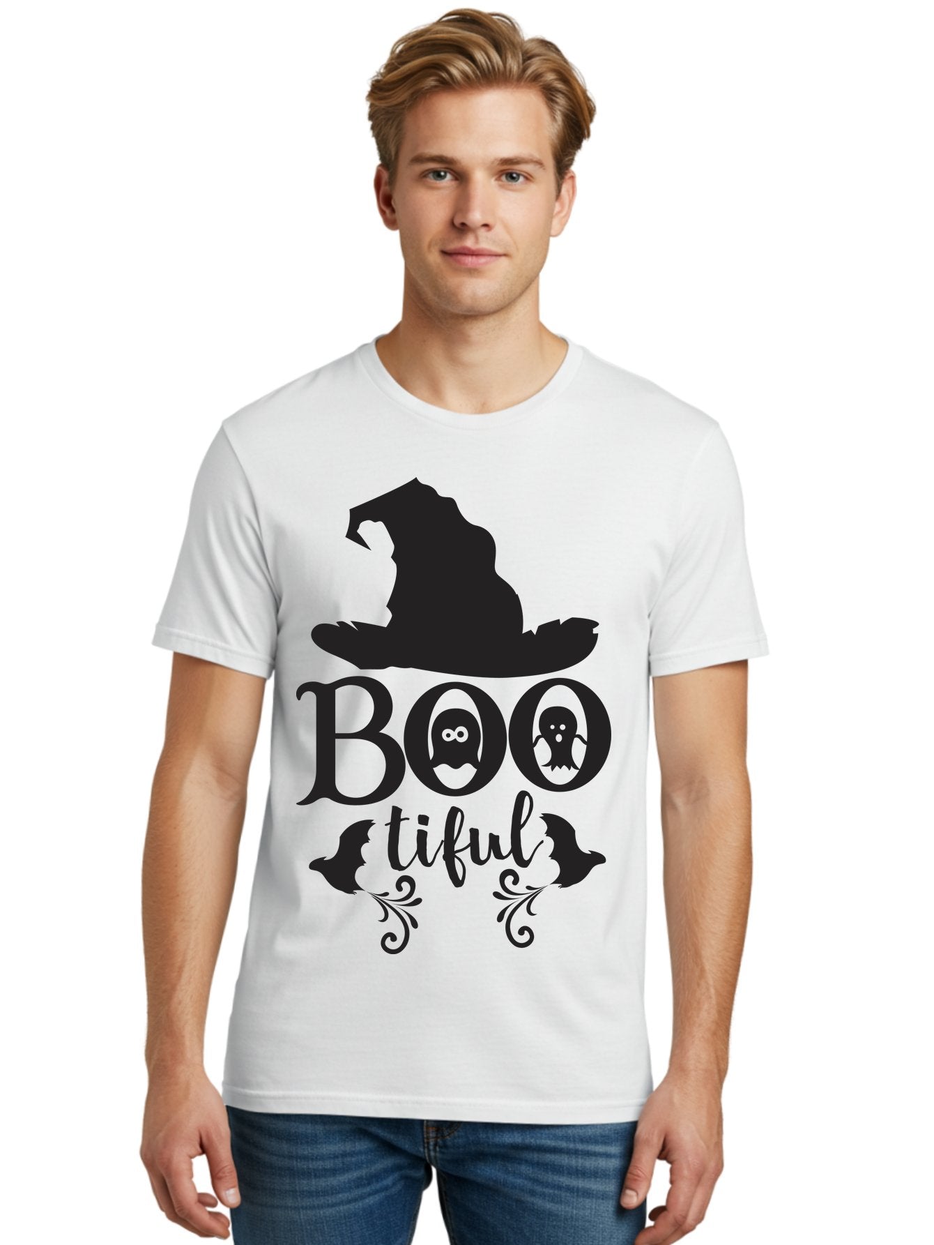 Boo-Tiful Men'S Graphic Tee, 100% Cotton, Comfortable Casual Summer Wear, Machine Washable, Halloween Design, Witch Hat, Ghostly Figures, Boo Tiful, Spooky Decor, Halloween Theme, Gothic Style, Mystical Vibes, Halloween Graphics Aac538 23