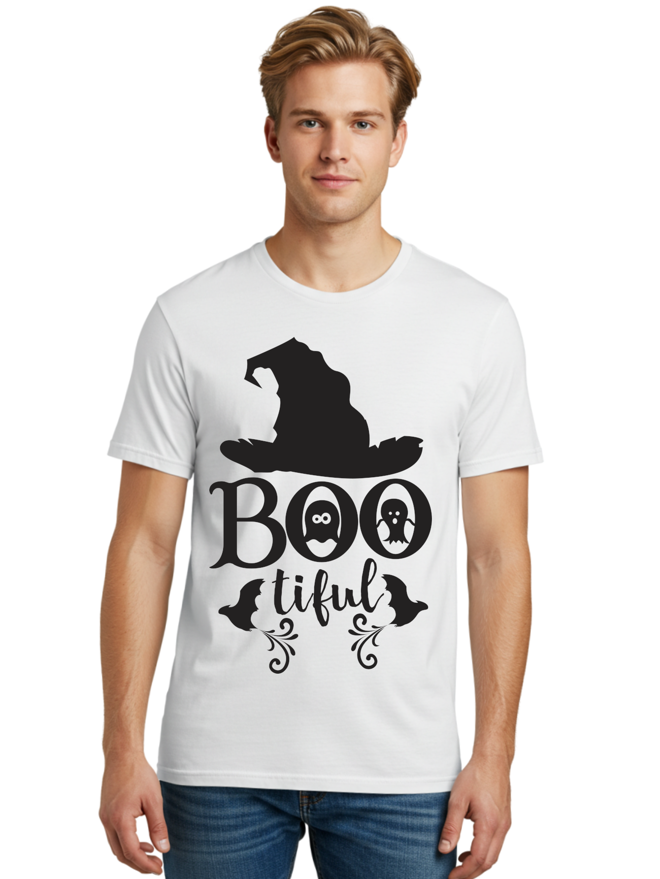 Boo-Tiful Men'S Graphic Tee, 100% Cotton, Comfortable Casual Summer Wear, Machine Washable, Halloween Design, Witch Hat, Ghostly Figures, Boo Tiful, Spooky Decor, Halloween Theme, Gothic Style, Mystical Vibes, Halloween Graphics Aac538 16