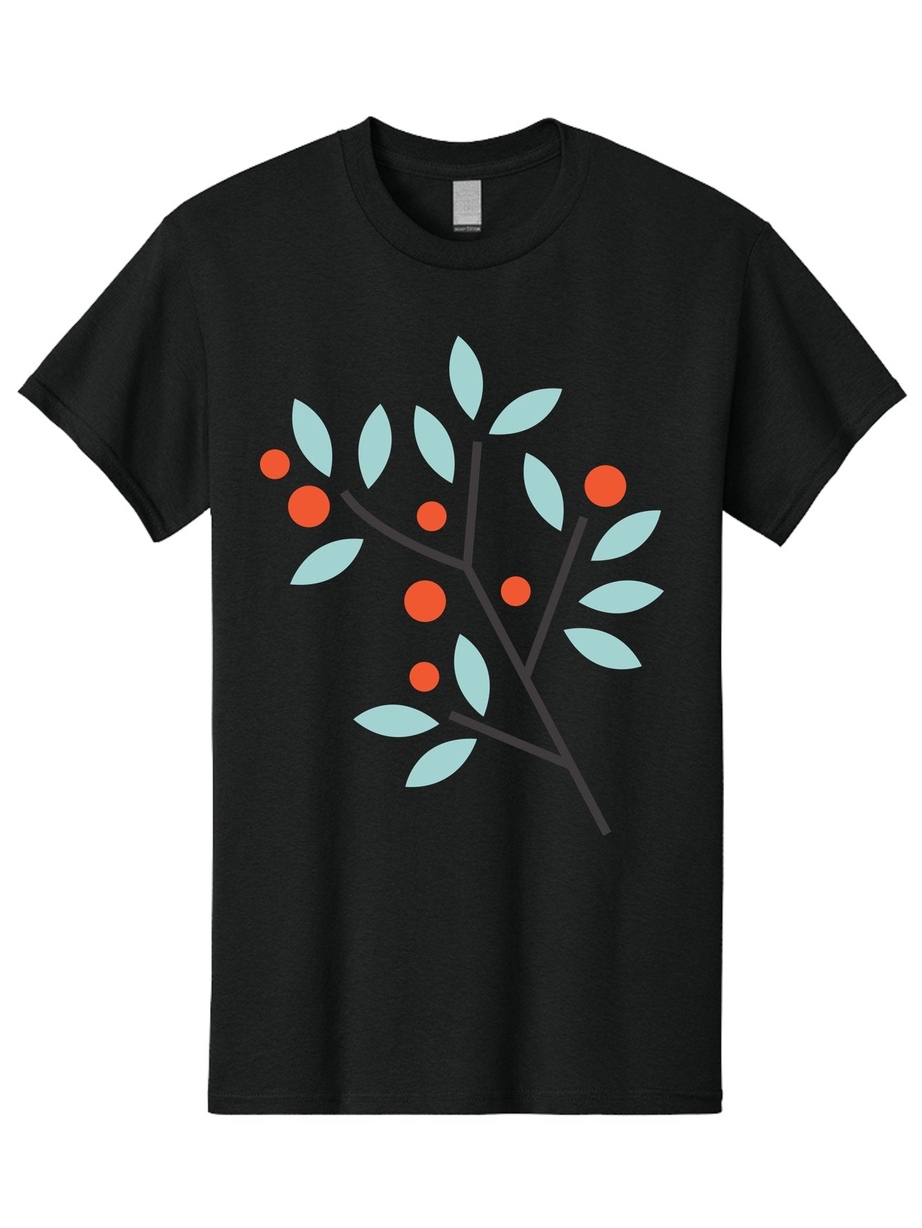 Branch-With-Leaves-And-Berries Men'S Graphic Tee, 100% Cotton, Comfortable Casual Summer Wear, Machine Washable, Simple Branch, Red Berries, Light Blue Leaves, Black Branches, Minimalist Design, Flat Illustration, Nature-Inspired Art, Aac542 4