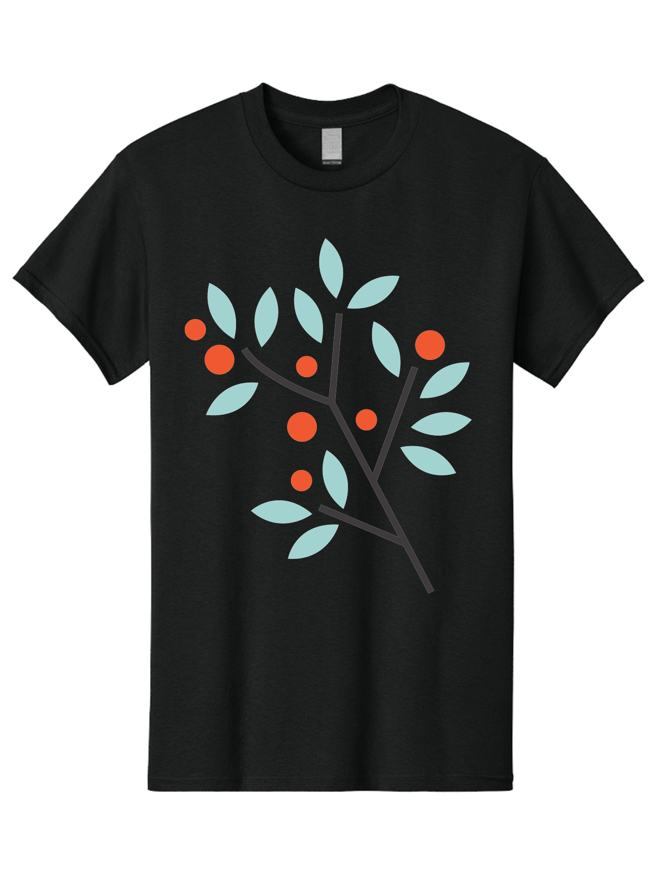 Branch-With-Leaves-And-Berries Men'S Graphic Tee, 100% Cotton, Comfortable Casual Summer Wear, Machine Washable, Simple Branch, Red Berries, Light Blue Leaves, Black Branches, Minimalist Design, Flat Illustration, Nature-Inspired Art, Aac542 23