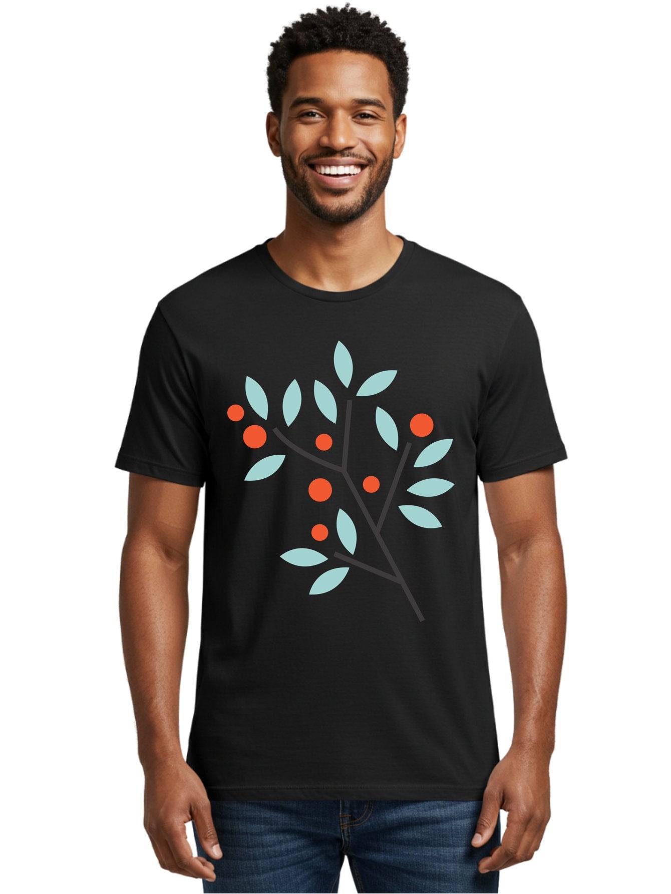 Branch-With-Leaves-And-Berries Men'S Graphic Tee, 100% Cotton, Comfortable Casual Summer Wear, Machine Washable, Simple Branch, Red Berries, Light Blue Leaves, Black Branches, Minimalist Design, Flat Illustration, Nature-Inspired Art, Aac542 18