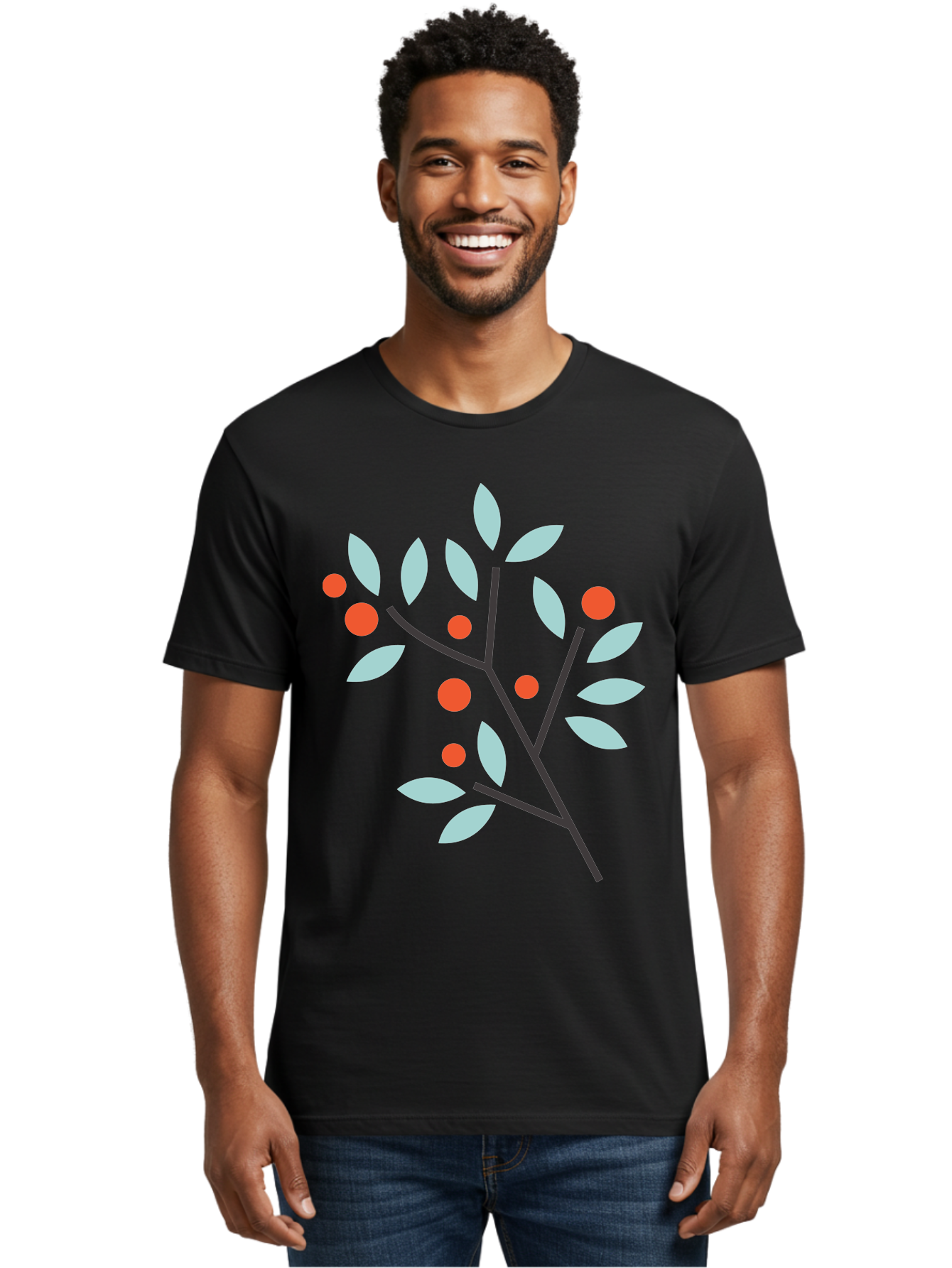 Branch-With-Leaves-And-Berries Men'S Graphic Tee, 100% Cotton, Comfortable Casual Summer Wear, Machine Washable, Simple Branch, Red Berries, Light Blue Leaves, Black Branches, Minimalist Design, Flat Illustration, Nature-Inspired Art, Aac542 24