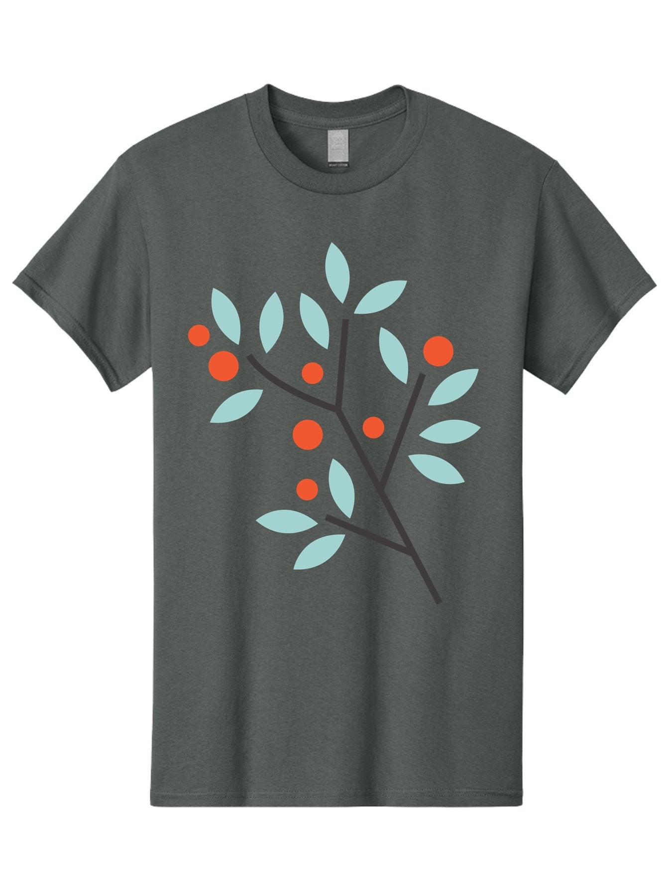 Branch-With-Leaves-And-Berries Men'S Graphic Tee, 100% Cotton, Comfortable Casual Summer Wear, Machine Washable, Simple Branch, Red Berries, Light Blue Leaves, Black Branches, Minimalist Design, Flat Illustration, Nature-Inspired Art, Aac542