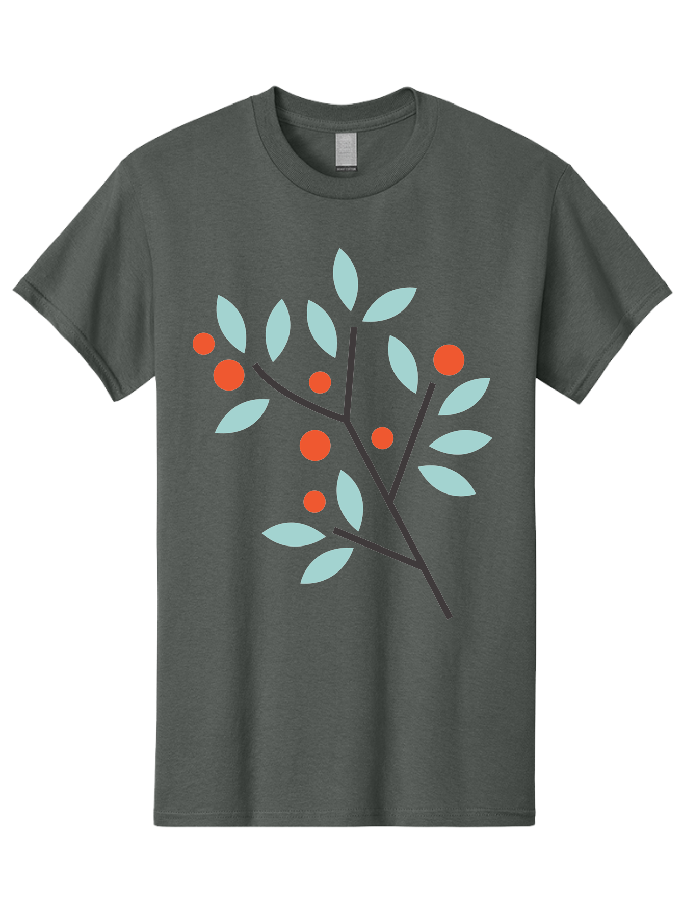 Branch-With-Leaves-And-Berries Men'S Graphic Tee, 100% Cotton, Comfortable Casual Summer Wear, Machine Washable, Simple Branch, Red Berries, Light Blue Leaves, Black Branches, Minimalist Design, Flat Illustration, Nature-Inspired Art, Aac542 19