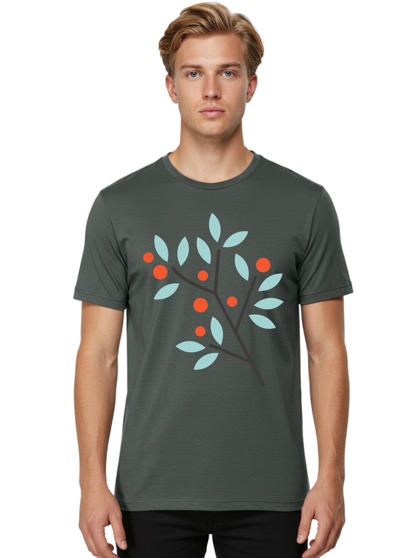 Branch-With-Leaves-And-Berries Men'S Graphic Tee, 100% Cotton, Comfortable Casual Summer Wear, Machine Washable, Simple Branch, Red Berries, Light Blue Leaves, Black Branches, Minimalist Design, Flat Illustration, Nature-Inspired Art, Aac542 21