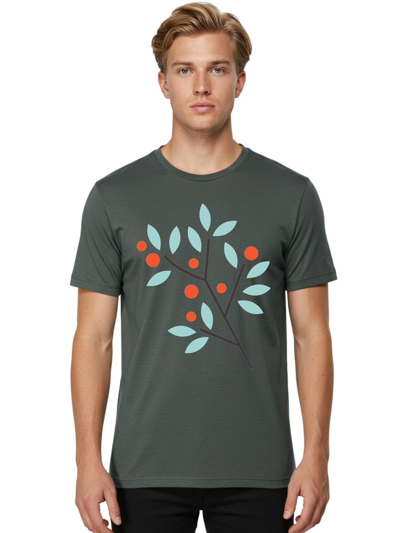 Branch-With-Leaves-And-Berries Men'S Graphic Tee, 100% Cotton, Comfortable Casual Summer Wear, Machine Washable, Simple Branch, Red Berries, Light Blue Leaves, Black Branches, Minimalist Design, Flat Illustration, Nature-Inspired Art, Aac542 20