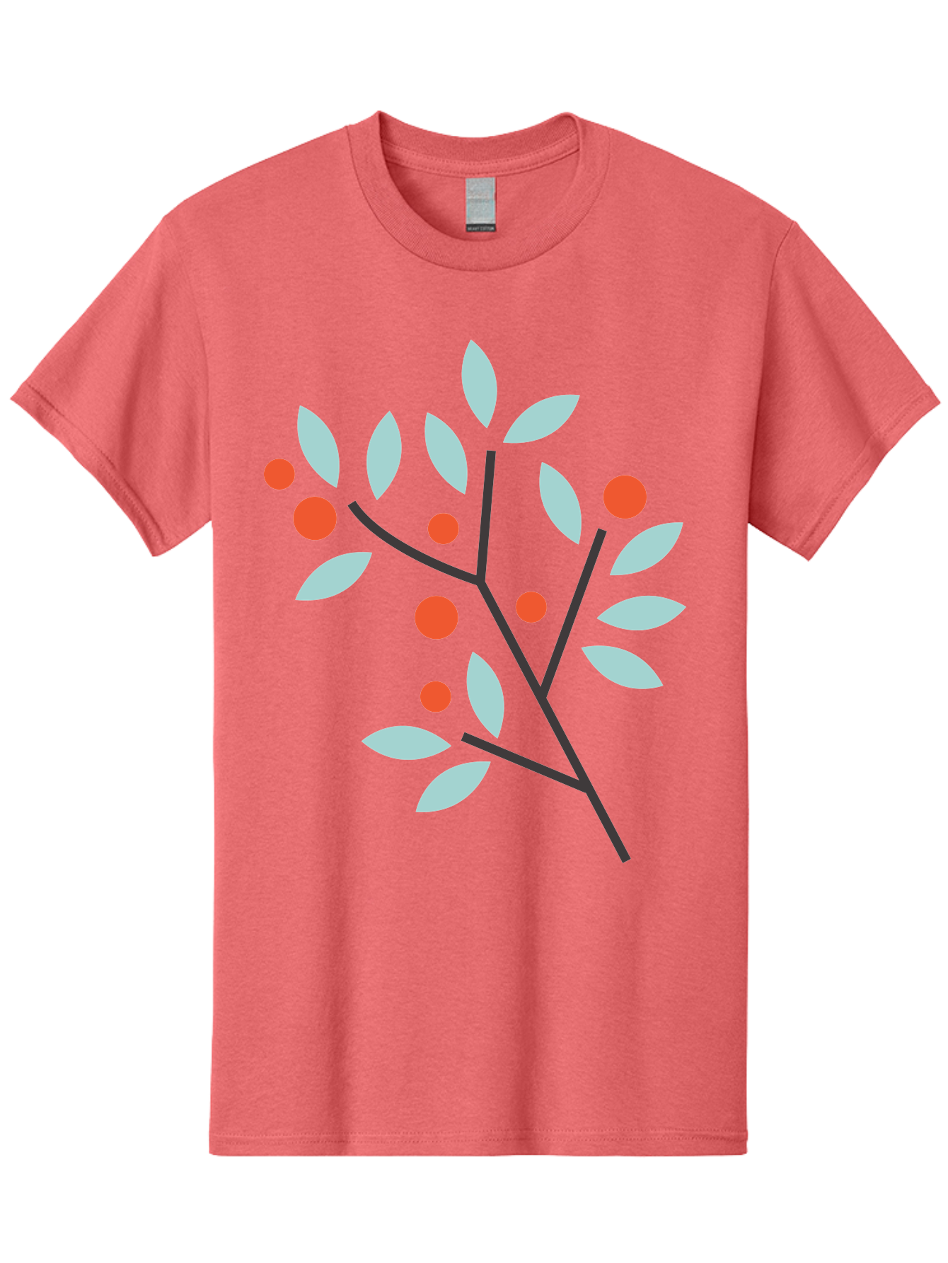 Branch-With-Leaves-And-Berries Men'S Graphic Tee, 100% Cotton, Comfortable Casual Summer Wear, Machine Washable, Simple Branch, Red Berries, Light Blue Leaves, Black Branches, Minimalist Design, Flat Illustration, Nature-Inspired Art, Aac542 7