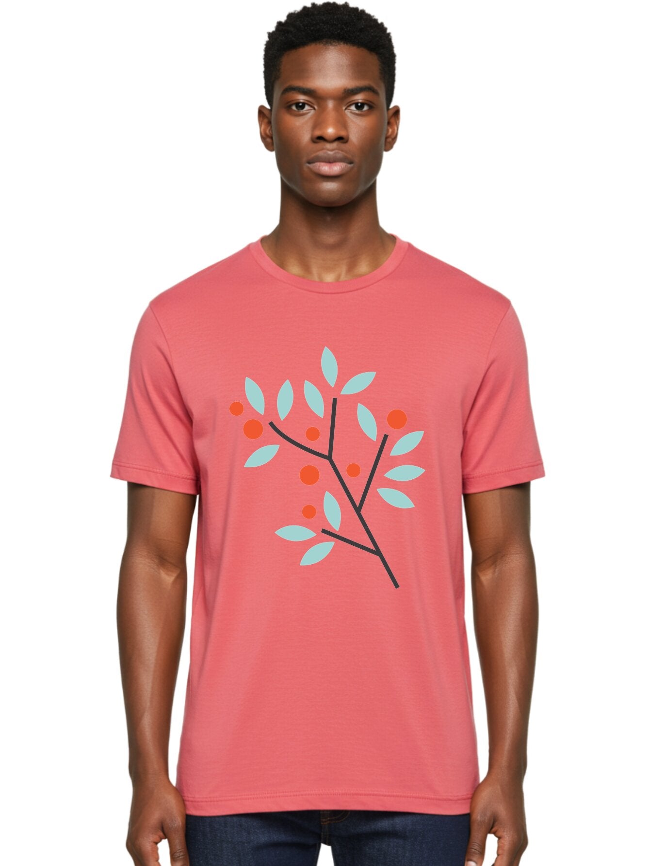 Branch-With-Leaves-And-Berries Men'S Graphic Tee, 100% Cotton, Comfortable Casual Summer Wear, Machine Washable, Simple Branch, Red Berries, Light Blue Leaves, Black Branches, Minimalist Design, Flat Illustration, Nature-Inspired Art, Aac542 27
