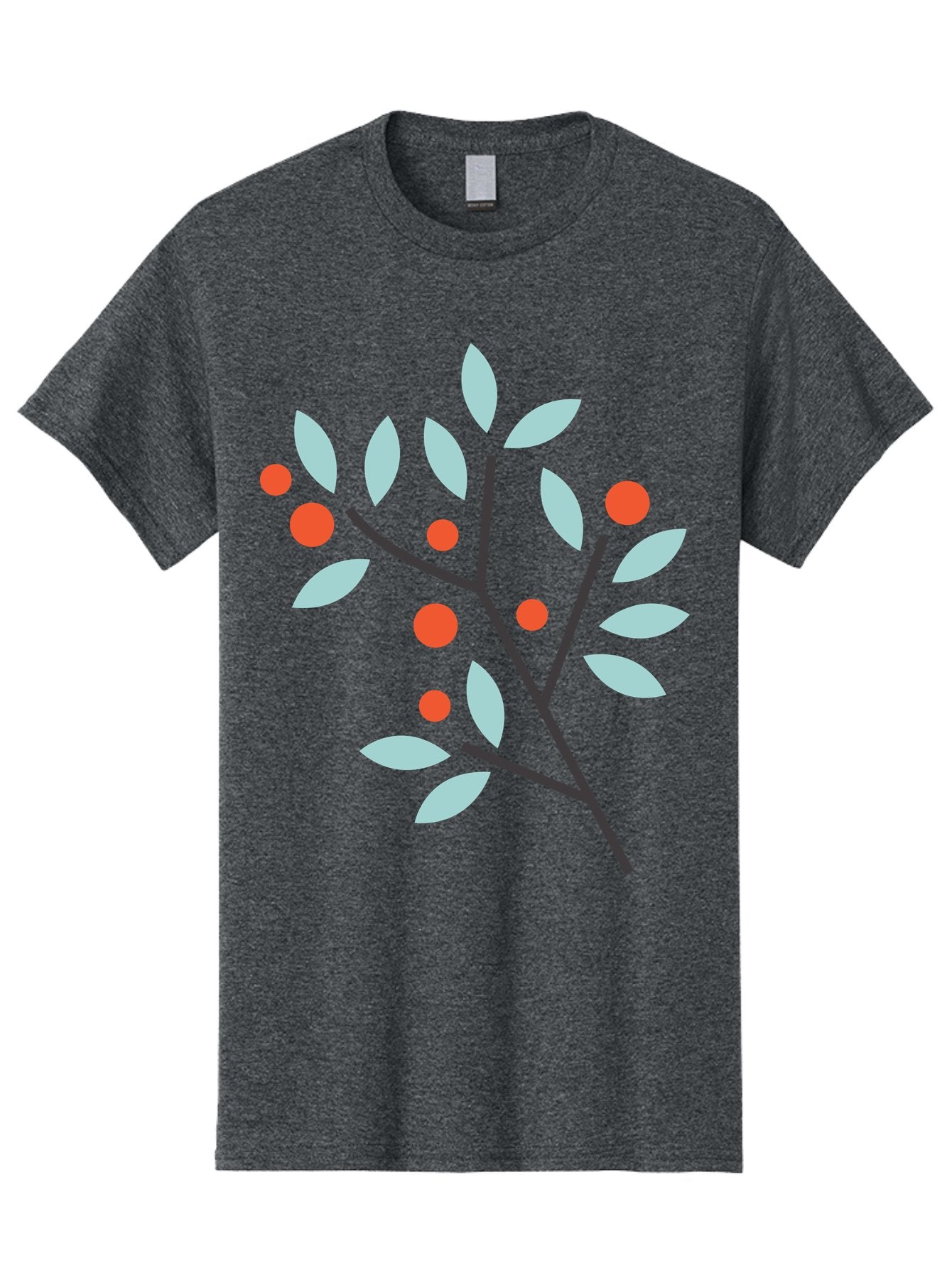 Branch-With-Leaves-And-Berries Men'S Graphic Tee, 100% Cotton, Comfortable Casual Summer Wear, Machine Washable, Simple Branch, Red Berries, Light Blue Leaves, Black Branches, Minimalist Design, Flat Illustration, Nature-Inspired Art, Aac542 3
